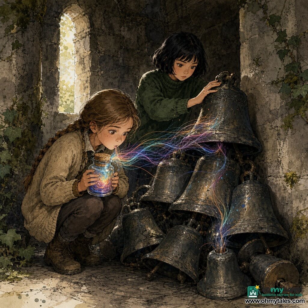 Two girls, Lena (10, light brown braided hair, curious eyes, beige wool jacket) crouches left foreground holding a corked glass jar to her chest as if trapping a whisper; Mira (10, black bob, focused, dark green dust-streaked sweater) stands right behind her with her palm on a vibrating metal bell. Inside a cavity carved in an old stone wall with massive grey pillars, dusty floor and worn circles, a pile of dark metal bells sits center, ivy and moss at the entrance, warm dim light from a narrow opening. They are capturing frightening sounds in jars: stylized colored sound waves emanate from the bells toward the jars; the mood is tense but brave, with deep shadows and bright color accents on the jars and clothes.
