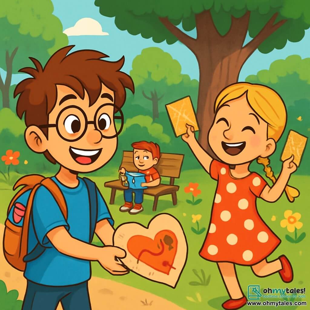 A 12-year-old boy, Max, with messy brown hair, round glasses, and a big joyful smile, is handing a heart-shaped treasure map to a new friend. He wears a bright blue t-shirt and a backpack filled with colorful snacks. Next to him, a 12-year-old girl, Zoe, with braided blonde hair and a red polka dot dress, dances happily, holding two sparkling envelopes. The scene takes place in a sunny park filled with lush green trees, vibrant flowers, and a large oak tree in the center, where children are playing and laughing. In the distance, a wooden bench is occupied by Jamie, a boy in red sneakers, who is reading a comic book while smiling and curiously observing the scene. Max, excited and a bit nervous, invites Jamie to join their Valentine's Day treasure hunt, surrounded by a festive atmosphere and friendly vibes.
