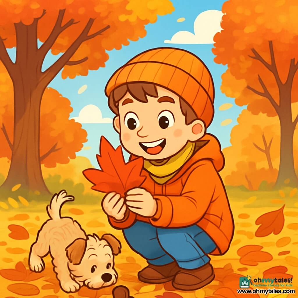 A 10-year-old boy with light brown hair and sparkling curious eyes is crouched on a carpet of autumn leaves, his cheeks flushed with excitement. He wears a bright orange coat and a wool hat, grinning widely while holding a large red leaf in his hands. Next to him, his dog Pip, a small terrier with curly fur and a mischievous look, sniffs a hazelnut on the ground, his tail wagging joyfully. The setting is a park in the peak of autumn, with majestic trees displaying vibrant red, orange, and yellow leaves, and a light blue sky dotted with fluffy white clouds. Sun rays pierce through the branches, illuminating the ground covered in crunchy leaves. The main scene shows the boy hunting for the most beautiful autumn leaves, laughing happily as Pip runs around him, creating a moment of joy and discovery in this colorful natural tableau.