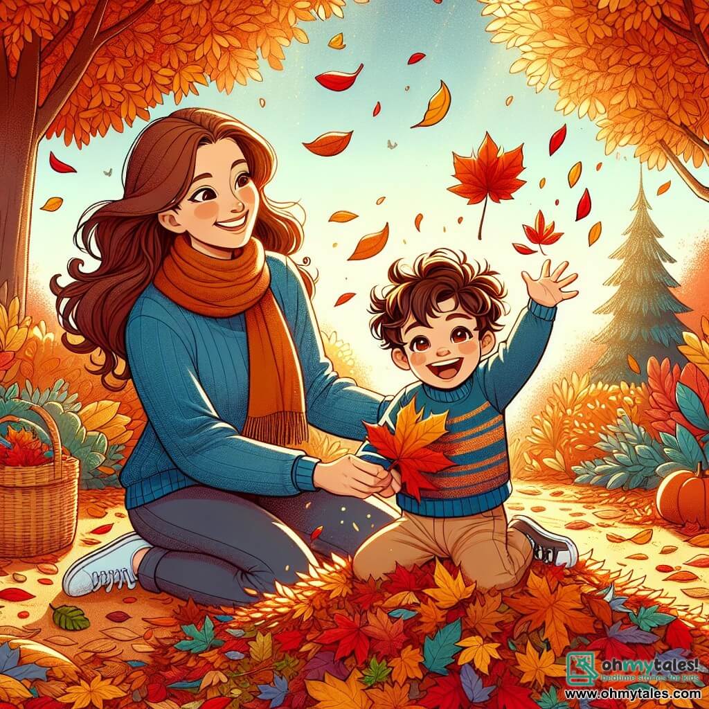 A 2-year-old boy with curly brown hair, a bright smile, and sparkling eyes is sitting in a large pile of colorful autumn leaves, vibrant in yellow, orange, and red. He is wearing a bright blue sweater and beige pants, laughing as he throws leaves in the air. Next to him, his mother, a woman in her 30s with long brown hair and a soft scarf around her neck, smiles while watching her son. She is kneeling, holding a large leaf in her hands, ready to show it to him. The setting is an autumn park with majestic trees displaying fiery leaves, a clear blue sky, and a few fluffy white clouds. The ground is covered with a carpet of fallen leaves, creating a warm and joyful atmosphere. The main scene shows Ben and his mother having fun together, surrounded by leaves, as they create a large leaf house, filled with laughter and happiness.