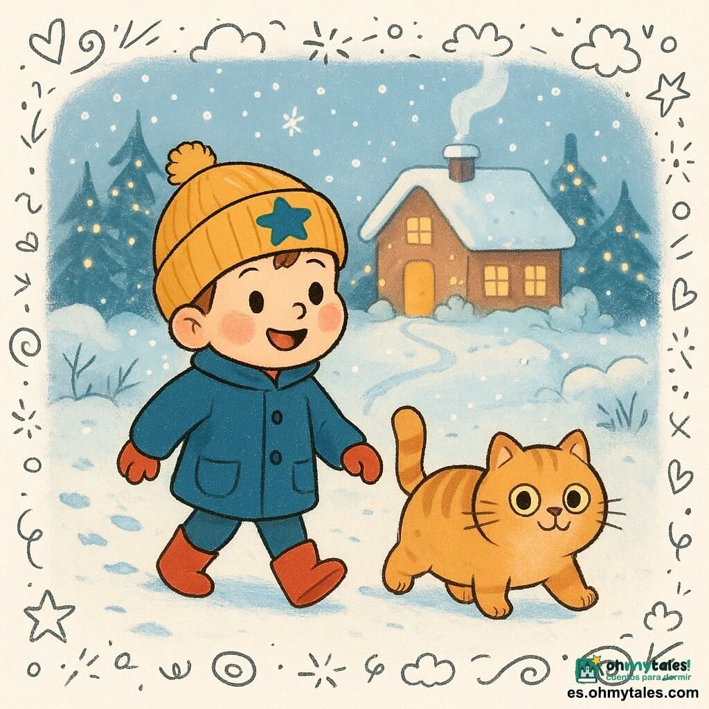 Un niño de 4 años, llamado Nico, con mejillas rosadas y un gorro con estrella, camina alegremente en la nieve. Tiene una sonrisa de asombro y lleva un abrigo azul y botas rojas. A su lado, un gato redondo y esponjoso, con ojos traviesos, camina dejando huellas en la nieve. La escena transcurre en un jardín nevado, salpicado de luces navideñas brillantes y copos de nieve que caen suavemente. Al fondo, una casa acogedora con ventanas iluminadas y humo saliendo de la chimenea. Nico sigue un camino de pequeñas huellas hacia la casa de su abuela, creando un ambiente mágico y festivo.
