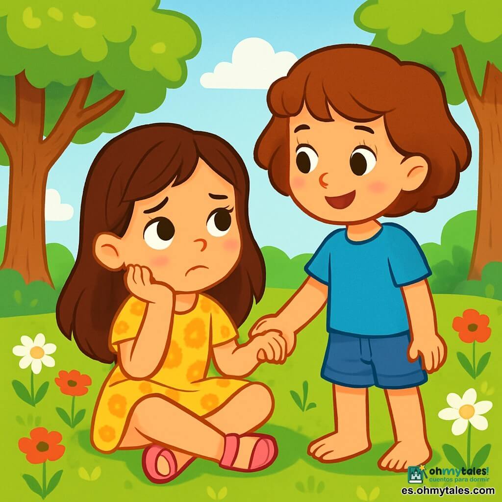 Hay 2 personajes principales: - Marta: una niña de 7 años con largos cabellos castaños y ojos brillantes. Lleva un vestido amarillo con flores y sandalias rosas. Está sentada en la hierba, con las piernas cruzadas, pensando. - Lucía: una niña de 6 años con cabello corto y rizado, de color castaño. Lleva una camiseta azul y un short de mezclilla. Está de pie junto a Marta, tomándole la mano con una sonrisa reconfortante. El lugar donde ocurre la situación principal es un parque verde, lleno de grandes árboles de hojas verdes brillantes. Flores coloridas, como margaritas blancas y amapolas rojas, salpican la suave hierba. A lo lejos, se ve un cielo azul claro con algunas nubes blancas esponjosas. La situación principal de la historia muestra a Marta y Lucía conversando seriamente, sentadas en la hierba, rodeadas de flores. Marta parece pensativa, mientras Lucía le explica con dulzura cómo mantener los recuerdos de los seres queridos en su corazón.