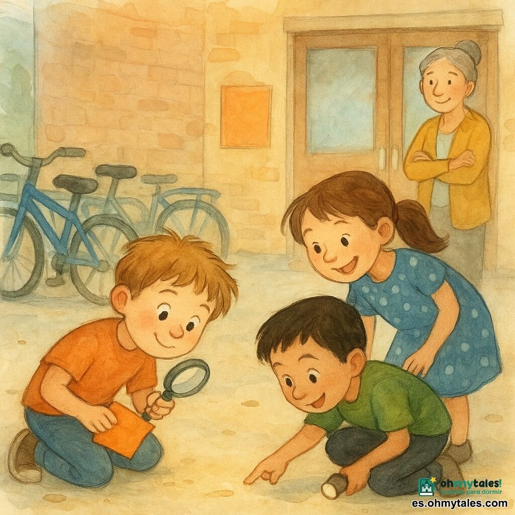 Un niño de 8 años, Nico, rostro redondo y cabello castaño claro despeinado, arrodillado junto a un casillero de bicicletas con un papel naranja doblado y una lupa; una niña de 8 años, Sara, coleta castaña y vestido azul a lunares, señalando el suelo; un niño de 8 años, Hugo, pelo negro corto y camiseta verde, agachado con una linterna mirando bajo una bici; una mujer adulta, Maribel, unos 40 años, pelo gris recogido y chaleco mostaza, sonriente con los brazos cruzados; lugar: casillero metálico y patio escolar soleado con bicicletas coloridas y la gran puerta de la sala polivalente al fondo; situación: alegre escena de investigación infantil al encontrar un trozo del cartel naranja entre las bicis, luz acuarelada y colores cálidos que transmiten amistad y aventura.