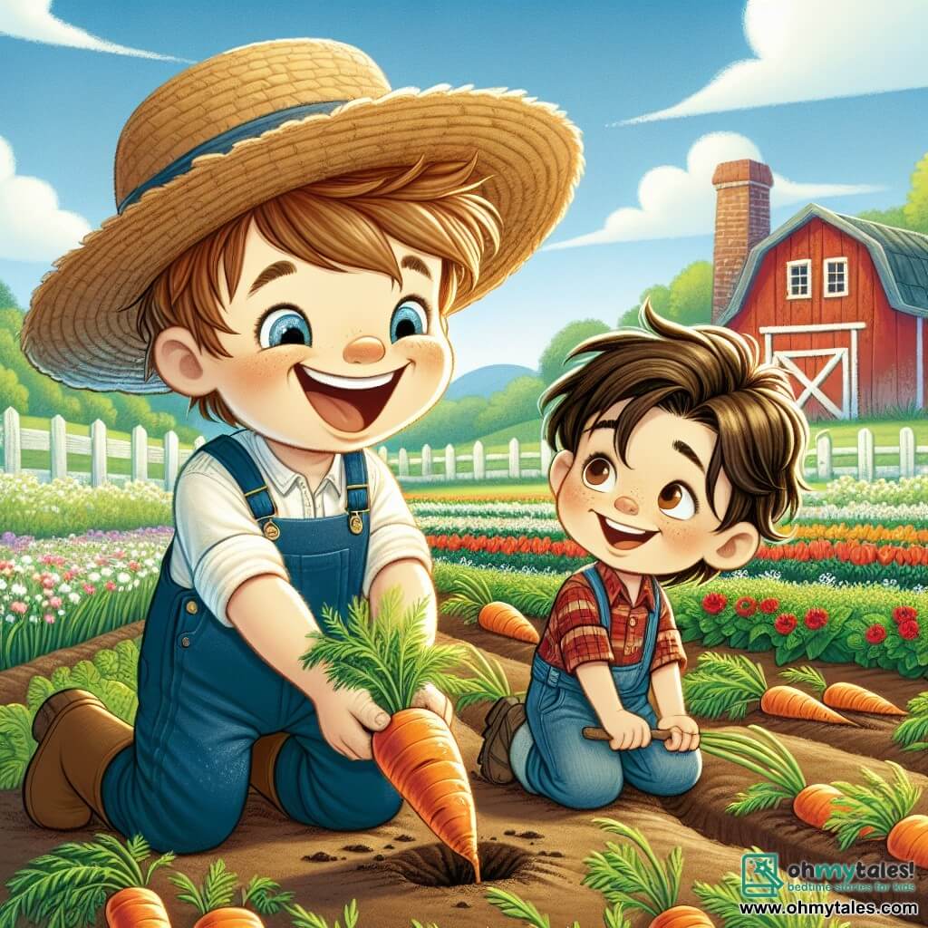 A young man, Farmer Finn, smiling and cheerful, is wearing a large straw hat and blue overalls. He is pulling a fresh carrot from the ground with his arms raised in victory, his eyes sparkling with excitement. Next to him, a small boy named Max, about 7 years old, with brown hair and bright eyes, watches the carrot in amazement, hands on his hips, ready to help. The setting is a colorful garden on the farm, filled with rows of green vegetables and vibrant flowers under a clear blue sky, with an old red barn in the background. The main scene shows Farmer Finn and Max planting seeds together, surrounded by the beauty of nature, illustrating the spirit of friendship and learning on the farm.