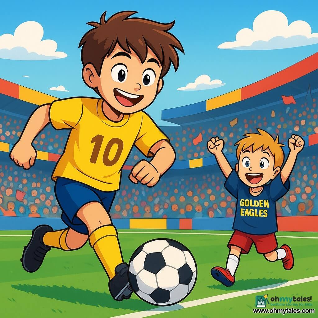 Marco, a 12-year-old boy, is on the football field, beaming with joy and determination. He wears a bright yellow jersey with the number 10, his messy brown hair and a big smile illuminating his face. He skillfully dribbles the ball, his eyes sparkling with excitement. Nearby, Timmy, a 7-year-old boy, wears an oversized Golden Eagles jersey, his blue eyes shining with admiration. He jumps in place with his arms raised, encouraged by Marco's energy. The scene is set in a vibrant stadium filled with joyful fans, waving flags, and colorful banners. The well-maintained green grass contrasts with the bright blue sky dotted with fluffy white clouds. The image captures Marco in action, ready to score a crucial goal, while Timmy enthusiastically cheers him on, creating an atmosphere of camaraderie and passion for football.