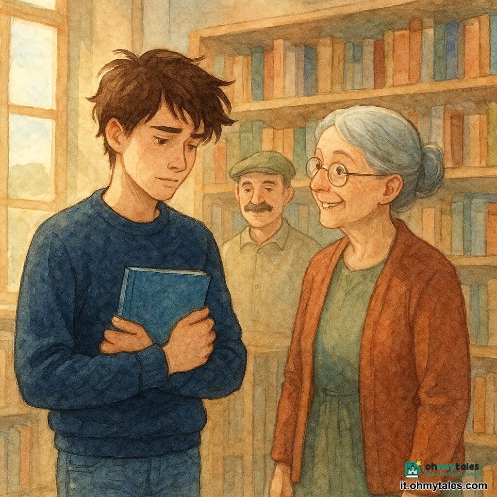Matteo, un giovane di diciassette anni con capelli castani arruffati e uno sguardo concentrato, tiene un quaderno blu tra le mani. Indossa un maglione blu scuro e jeans, e sembra sollevato ma pensieroso. Accanto a lui, Lina, la bibliotecaria anziana con capelli grigi raccolti e occhiali sul naso, sorride calorosamente. Sullo sfondo, Renato, il custode di mezza età con baffi e berretto verde, osserva con sollievo. La scena si svolge in una biblioteca luminosa con scaffali di legno pieni di libri colorati e una grande finestra che lascia entrare la luce del sole. Matteo ha risolto il mistero del quaderno scomparso, circondato dai personaggi chiave della storia, in un'atmosfera calda e accogliente.