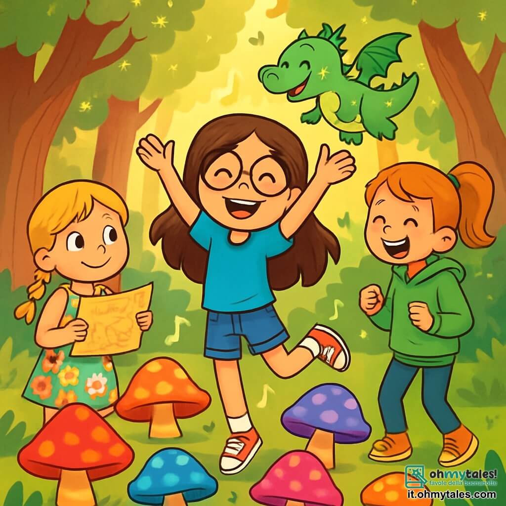 Ci sono 3 personaggi: - Nina: una ragazza di 10 anni, con lunghi capelli castani e occhiali rotondi. Indossa una maglietta blu e un pantaloncino di jeans. Sta ballando gioiosamente tra i funghi colorati. - Sofia: una ragazza di 10 anni, con capelli biondi intrecciati e un sorriso malizioso. Indossa un vestito a fiori e tiene una mappa del tesoro in mano, guardandosi intorno con curiosità. Si trova a sinistra di Nina. - Marta: una ragazza di 10 anni, con capelli rossi raccolti in una coda di cavallo e lentiggini sul viso. Indossa una felpa verde e leggings. Sta ridendo, in piedi a destra di Nina, guardando i funghi danzanti. La scena si svolge in una radura incantata, circondata da alberi con tronchi spessi e foglie scintillanti. Funghi colorati, dalle forme strane, danzano al ritmo di una musica invisibile, creando un'atmosfera magica e gioiosa. La luce del sole filtra tra i rami, illuminando la scena con una dolce luce dorata. Le tre amiche ballano e ridono intorno ai funghi, con espressioni di gioia e meraviglia sui volti, mentre un dragoletto amichevole, con squame verdi e ali di carta, le osserva sorridendo, aggiungendo un tocco di fantasia all'insieme.