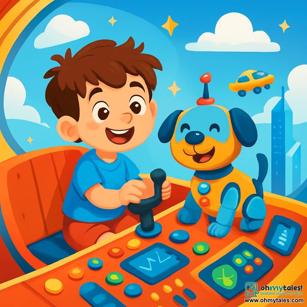 A 6-year-old boy named Max, with messy brown hair and sparkling joyful eyes, is sitting in a shiny rocket ship cockpit, smiling in wonder. He wears a bright blue t-shirt and red shorts, his small hands gripping the joystick. Next to him, Tinkerbot, a friendly robot with round shapes and bright colors, transforms into a wagging robotic dog, displaying a joyful face and blinking lights on its body. The cockpit is filled with colorful buttons and bright screens, while outside, the sky is a brilliant blue dotted with fluffy white clouds and the futuristic Sparkling City below, with its sparkling glass buildings and flying cars. The scene shows Max and Tinkerbot soaring through the air, surrounded by twinkling stars, illustrating their grand adventure in a world full of magic and discovery.