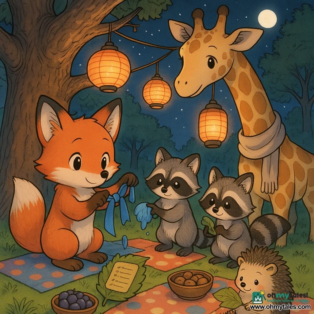 Milo, a small red fox with soft fur, bright eyes and a shy smile, calmly ties a vivid blue ribbon around a low branch of a large oak while two mischievous but helpful raccoon twins hand him the wet ribbon and wipe a leaf; a long-necked giraffe wearing a soft scarf leans back, forming a bridge with its head so the animals can reach a higher hanging lantern, and a small round hedgehog holding a leaf with the song list sits on a polka-dot blanket by Milo's feet in a nighttime park under the oak lit by warm orange-yellow paper lanterns, colorful blankets on green grass and bowls of fruit and biscuits nearby, creating a gentle, collaborative scene with sparkling lanterns, long shadows and a soft starry sky.