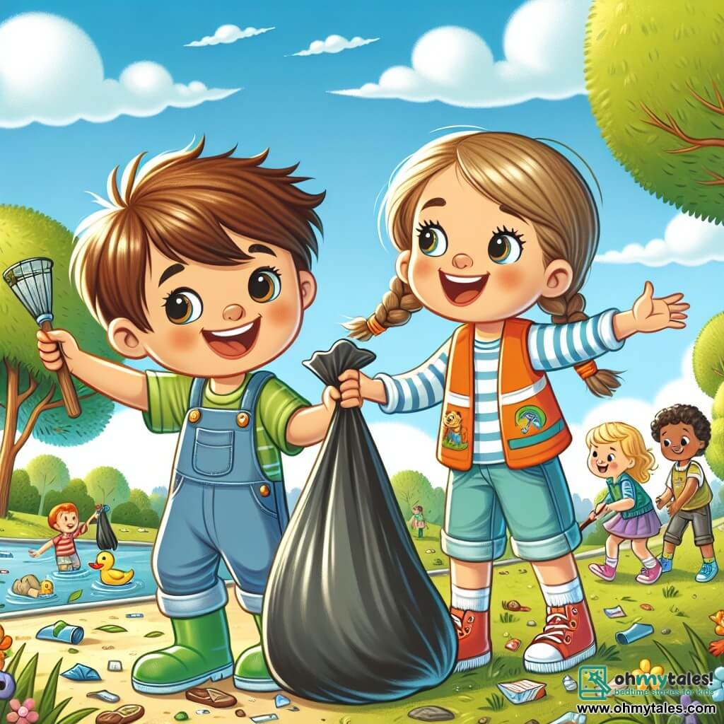 A 4-year-old boy named Noah, with messy brown hair and a big smile, is wearing green shoes and a blue hat. He is picking up trash in a park, showing an expression of pride and joy. Next to him, a 5-year-old girl with braided blonde hair and wearing an orange vest encourages him with a big smile while holding a large bag of trash. The park is filled with tall trees with bright green leaves, colorful flowers, and a small pond with swimming ducks. The sky is blue with a few white clouds, and the sun is shining, illuminating the scene. Noah and the girl are surrounded by other smiling children who are also picking up trash to keep the park clean. They are working together, demonstrating the importance of caring for nature and the environment.