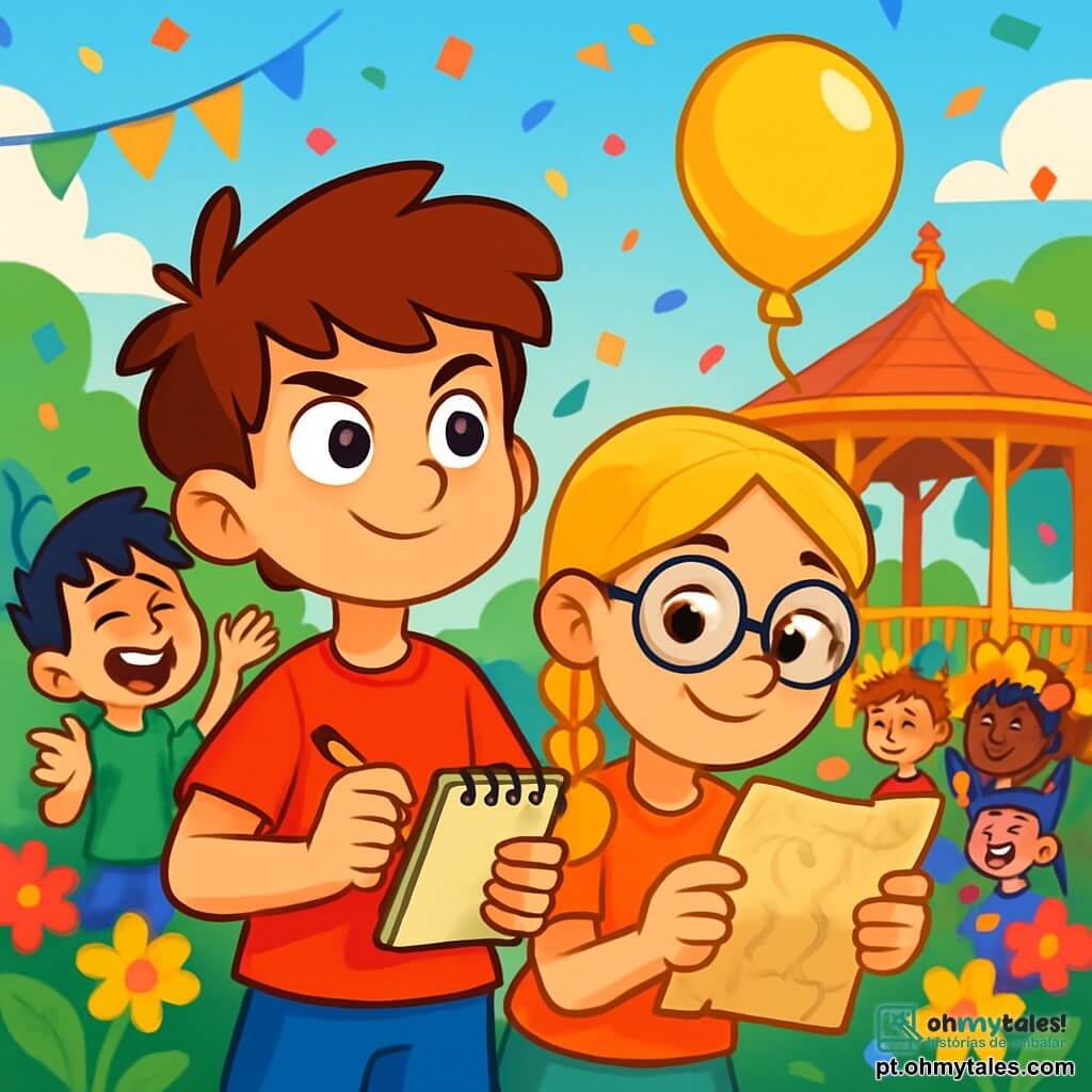 Um menino de 8 anos, Lucas, com cabelos castanhos bagunçados e olhos brilhantes de curiosidade, está no centro da imagem. Ele usa uma camiseta vermelha vibrante e um short azul, segurando um pequeno caderno em uma mão e um lápis na outra, com uma expressão determinada e entusiasmada. Ao lado dele, sua melhor amiga Bia, uma menina de 8 anos com longos cabelos loiros trançados e óculos redondos, observa atentamente um mapa antigo que segura nas mãos, com um sorriso travesso no rosto. Um pouco atrás, Pedro, um menino de 8 anos com cabelos negros e sardas, faz gestos exagerados enquanto conta uma piada, fazendo Bia rir. A cena acontece em um parque colorido, cheio de confetes flutuantes e decorações de carnaval, com um grande coreto de madeira ao fundo, cercado por flores vibrantes e crianças em fantasias festivas. No primeiro plano, Lucas, Bia e Pedro estão em plena investigação, examinando um balão dourado que flutua levemente acima deles, enquanto um grupo de crianças os observa com curiosidade, todos cativados pela aventura.
