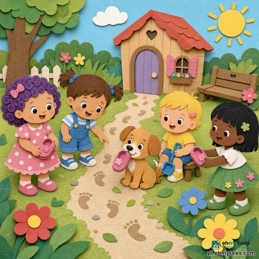 Há cinco personagens: Lila, menina de 2 anos, cabelos cacheados violetas, vestido de bolinhas rosa, à esquerda, segurando um sapatinho rosa e sorrindo; Ana, menina de 2 anos, cabelos castanhos em rabo, jardineira azul, no centro-esquerdo, apontando pequenas pegadas no chão; Bia, menina de 2 anos, cabelos loiros curtos, camiseta amarela, sentada em um banquinho no centro-direito, segurando uma pequena pá de plástico; Cora, menina de 2 anos, cabelos pretos lisos, saia verde, à direita, oferecendo o outro sapatinho rosa a Lila; e um cachorrinho macho, pelo caramelo com focinho branco, sentado entre Ana e Bia, segurando o outro sapatinho rosa na boca, abanando o rabo. O cenário é um jardim ensolarado visto de perto, grama verde-claro em estilo papel recortado, flores coloridas simples e uma casinha de madeira ao fundo com um caminho de cascalho coberto de folhas e pegadas. Situação: as quatro pequenas detetives reencontram o sapatinho perdido graças ao cachorro; cena alegre, sapatinhos rosas combinando, pegadas levando à casinha, expressões luminosas e gestos de partilha, paleta em tons pastéis e contrastes nítidos típicos do papel recortado.