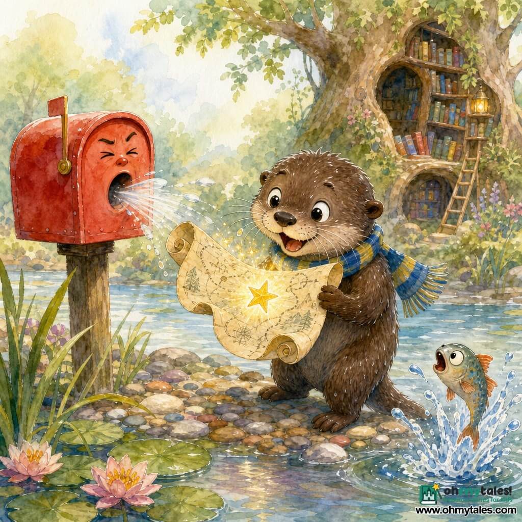Pip, a juvenile otter with glossy chocolate fur and curious round eyes, beams in wonder while holding an unrolled map adorned with a small golden star; wearing a blue-and-yellow striped scarf with wet whiskers, Pip leans forward as if the map had just spoken. A bright red anthropomorphic mailbox with a smiling mouth and furrowed brows, mounted on a wooden post to Pip’s left, sneezes the map out. A small fish in the lower right, half-air half-water with a surprised, wide-eyed expression, jumps from a splash to watch. The scene is on the bank of Wobblebrook: multicolored pebbles, swaying grasses, spotted lily pads, and a hollow-trunked library tree lined with books. The mood is whimsical and joyful, with vivid pastel colors, slightly wavy lines, watercolor splashes around the characters, and soft late-morning light, capturing the exact moment the golden-starred map draws Pip’s attention after being expelled by the sneezing mailbox.