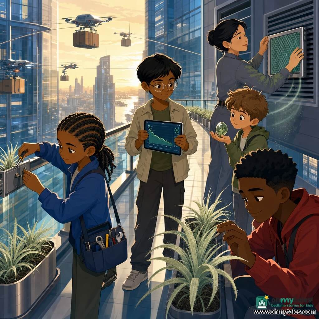 Five characters: Yara, 11, tan skin, tight braids, blue jacket with a small tool pouch, on the left fastening a planter to the skywalk railing; Milo, 11, small, light brown tousled hair, curious expression, slightly back on the right holding a green Aerophylla capsule in his palm; Lina, 11, short black hair, thin glasses, neutral outfit, center, holding a tablet showing air-quality data; Jax, 11, tall for his age, smirking, red jacket, crouched by the planters gently brushing a pale green frond; Ms. Sato, engineer, 35–40, hair tied back, green-stained sleeves, gray work suit, standing behind supervising and plugging a small electrofilm filter frame into a vent. Location: a wide glass skywalk between two futuristic towers on the 32nd floor with transparent railings, embedded floor lights, polished glass buildings and aerial freight lanes in the background, golden evening light, small metal planters along the edge and a glimpse of a sparkling river below. Main action: the children and the engineer are installing Aerophylla plants and filter frames; pale fronds unfurl, fine gray dust clings to leaves, a small electrofilm device emits a subtle halo, and Lina’s tablet shows a descending air-quality curve — cooperative, optimistic scene with sharp shapes and contrasting colors (soft greens, blue-gray buildings, warm lighting).