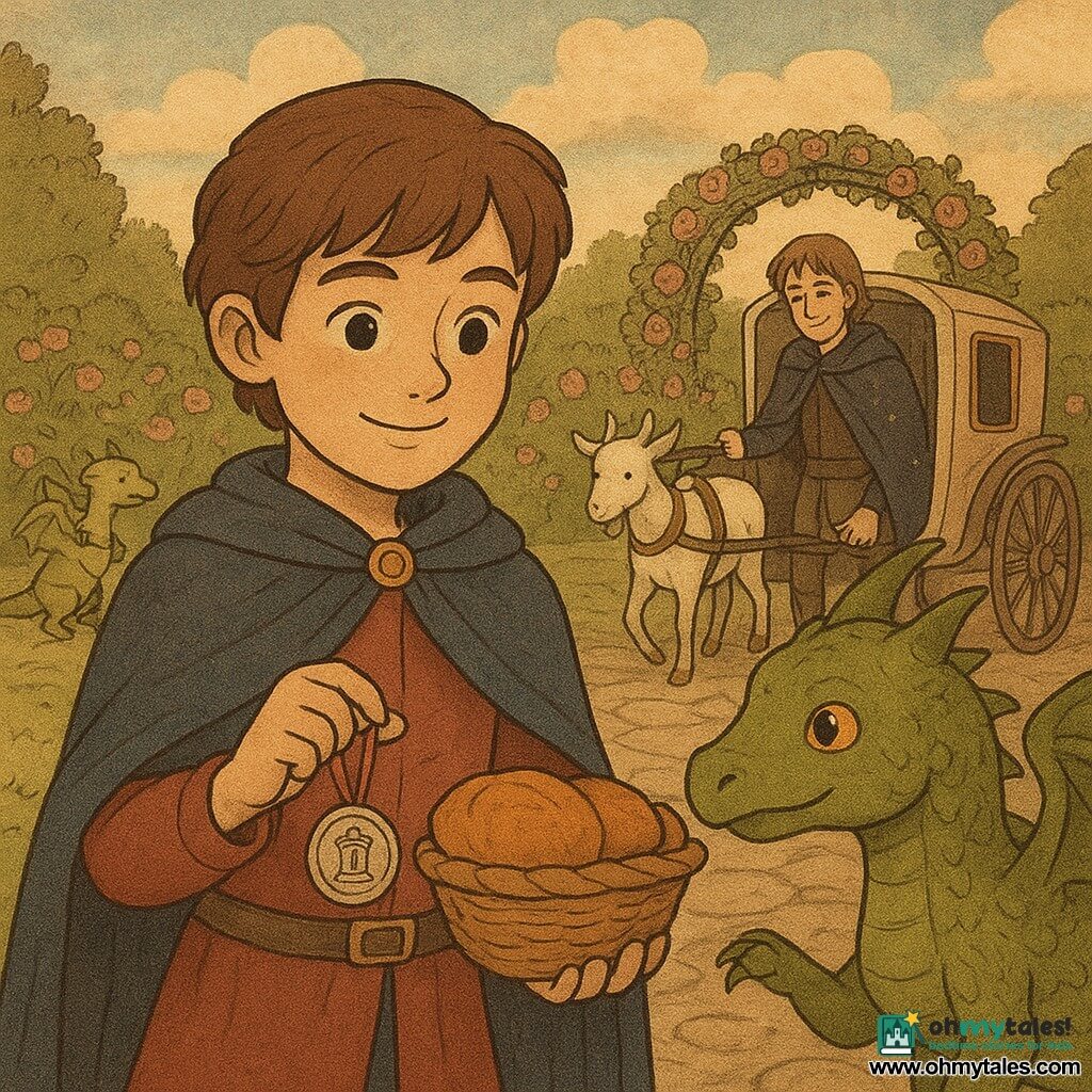 The prince stands center with a gentle smiling hazel-eyed face and a midnight-blue cape, holding a silver medal engraved with a small lantern on a sunrise-colored ribbon and offering a basket of warm rolls; Poffle the pony-sized moss-green dragon with amber eyes and folded wings sniffs a roll to the prince's right; Lark, about 14, steps down from a carriage pulled by two white goats wearing a coat studded with tiny sparkling stones, smiling shyly and holding the carriage door to the prince's left; two small companion dragons hop near the carriage with travel sacks, one tapping a distant armor; the castle garden has teacup-shaped paving stones, winding paths lined with pink roses, an iron arch covered in flowers, and a golden late-afternoon light with soft clouds — the scene is a warm, polite meeting with the prince welcoming unexpected visitors, sharing food and presenting the medal with calm gestures and shared smiles.