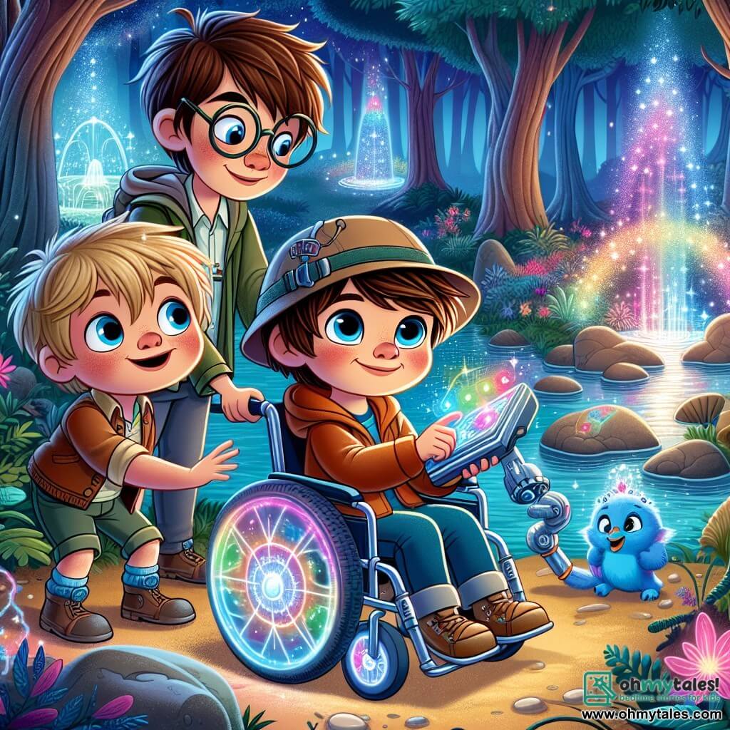 In an enchanted clearing, three friends stand together. Max, a 10-year-old boy with messy brown hair and round glasses, is fiddling with a shiny gadget, the Magic-o-Meter, which emits colorful lights. Next to him, Leo, a 9-year-old boy with blond hair and an explorer hat, gazes in wonder at the starry sky, his eyes sparkling with curiosity. Finally, Finn, a 10-year-old boy with brown hair and a smile, sits in his magical wheelchair with sparkling wheels, pointing at a small blue creature that just emerged from a silver box. The clearing is surrounded by tall trees with multicolored trunks, and brightly colored flowers gently sway in the wind. A sparkling stream flows nearby, reflecting the stars in the night sky. In the center of the scene, the small blue creature, Zippy, with big round eyes and a bright smile, explains that it has lost its precious gem. The friends, determined and cheerful, prepare to help in this magical quest under the starry sky.