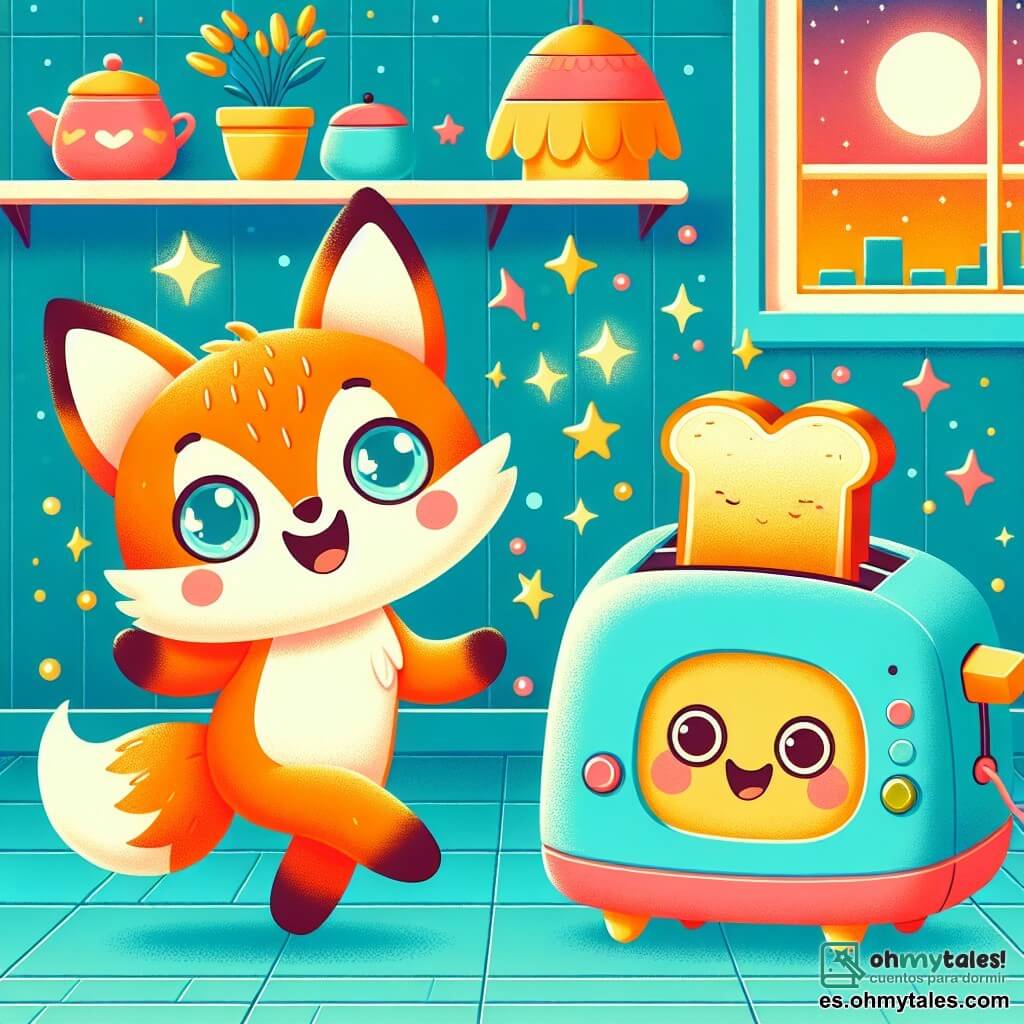 Un pequeño zorro llamado Tito, con un pelaje naranja brillante y ojos llenos de curiosidad, baila alegremente en una cocina colorida, con una gran sonrisa en su rostro. Junto a él, una tostadora sonriente en forma de pequeño robot, con brazos de alambre y ojos de botones, salta al ritmo, elevando sus rebanadas de pan dorado como si fueran confeti. En un rincón de la habitación, una lámpara en forma de hongo, con una pantalla amarilla y ojos redondos, ilumina la escena mientras se balancea de un lado a otro, mostrando una expresión alegre. La cocina es cálida, con paredes pintadas de azul pastel, estanterías llenas de tarros coloridos y una ventana que deja entrar la suave luz de la luna. Tito, la tostadora y la lámpara bailan juntos, creando un ambiente festivo y mágico, lleno de risas y felicidad, antes de que Tito se duerma tras esta noche de baile.
