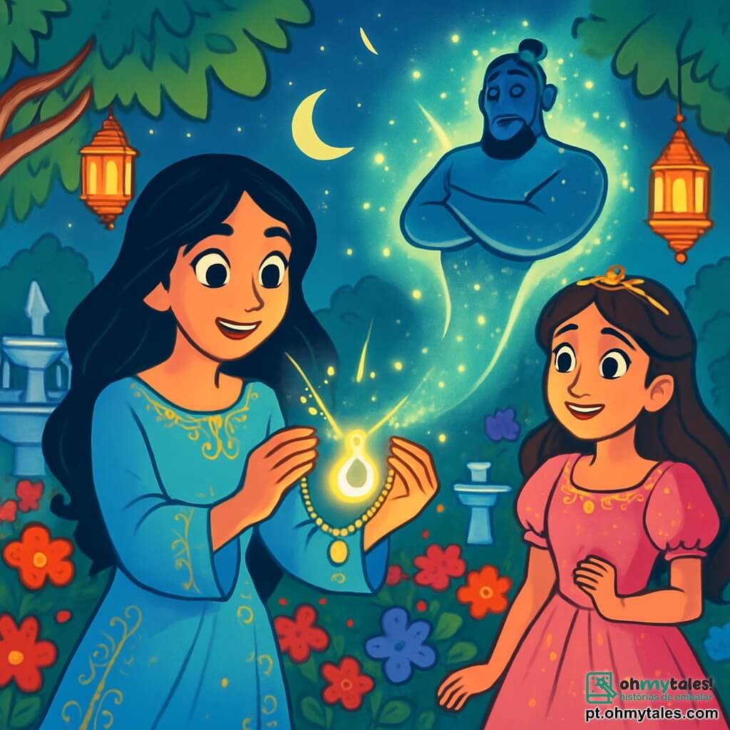 Layla, uma jovem com longos cabelos negros e olhos cheios de curiosidade, está no centro de um jardim encantador, com um sorriso maravilhado no rosto. Ela usa um vestido de seda azul celeste, adornado com padrões dourados, que dança suavemente ao vento. Ao seu lado, a Princesa Amina, uma adolescente de cerca de 16 anos, vestida com um esplêndido vestido rosa decorado com pérolas cintilantes, observa Layla com admiração, seus olhos brilhando de excitação. O jardim é um verdadeiro quadro de cores, com flores vibrantes, fontes de mármore jorrando água cristalina e lanternas suspensas iluminando a cena com uma suave luz dourada. O momento principal mostra Layla descobrindo um colar encantador, brilhando sob a luz da lua, enquanto um gênio majestoso começa a emergir dele, cercado por uma aura luminosa. As duas jovens estão cativadas por esse momento mágico, com os rostos iluminados pelo brilho do colar.