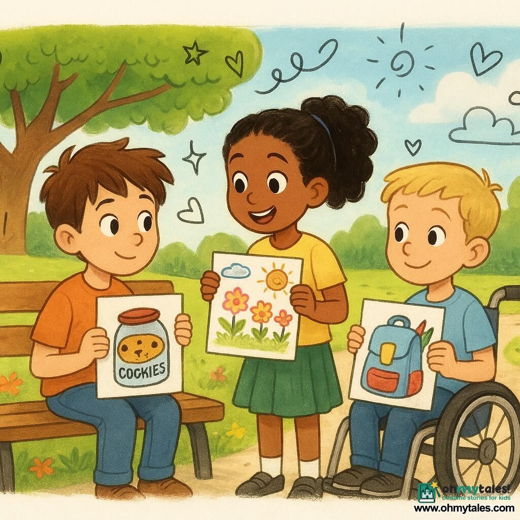 There are three characters: - A boy named Tom, 8 years old, with messy brown hair and curious eyes. He is sitting on a park bench, holding a drawing of a cookie box. - A girl named Aisha, 8 years old, with curly black hair tied in a ponytail and sparkling eyes. She is standing next to Tom, showing a drawing of a garden. - A boy named Milo, 8 years old, with short blond hair and a gentle smile. He is sitting in a small wheelchair next to Tom and Aisha, holding a drawing of a backpack with crayons. The setting is a sunny park with long pathways, wooden benches, and a large majestic oak tree in the background. Colorful flowers dot the ground around the children, and the sky is a bright blue with a few fluffy white clouds. The main situation shows the three friends discussing their plans to help refugee children. They are focused and enthusiastic, sharing their ideas through colorful drawings. The atmosphere is joyful and hopeful, with doodles of hearts and stars floating around them, symbolizing their compassion and creativity.