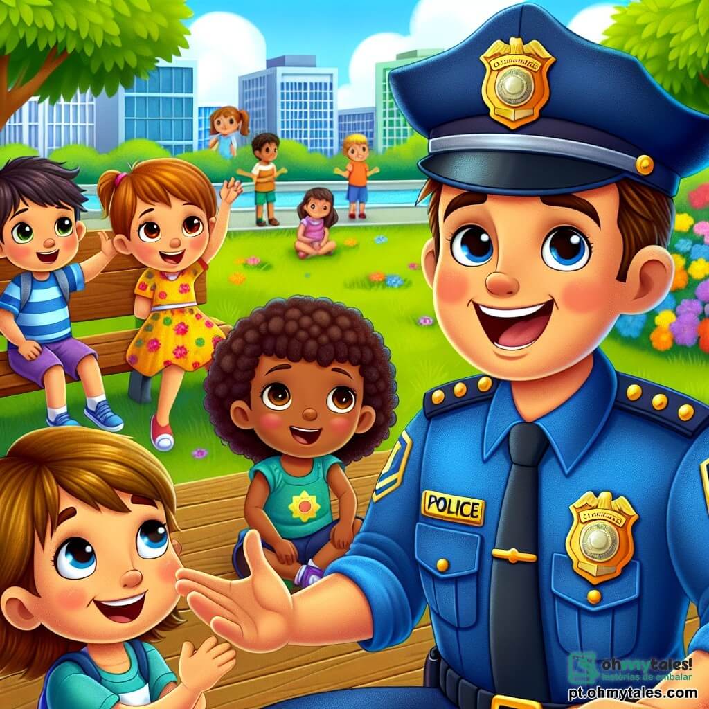 Um policial, o Sargento Carlos, sorridente e caloroso, veste um uniforme azul com um distintivo brilhante no peito. Ele tem cabelos castanhos e um bigode fino, e está falando entusiasticamente com um grupo de crianças. Entre elas, está uma menina de 8 anos, Júlia, com cabelos cacheados e um vestido colorido, que o escuta atentamente, com os olhos brilhando de empolgação. Ao lado dela, um menino de 7 anos, Lucas, com cabelos loiros e olhos curiosos, levanta a mão para fazer uma pergunta, exibindo um grande sorriso. A cena ocorre em um parque ensolarado, cheio de flores coloridas e árvores verdes, com crianças brincando ao fundo. Um banco de madeira está próximo, onde o Sargento Carlos se sentou para conversar. A situação principal mostra o Sargento Carlos compartilhando histórias cativantes sobre seu trabalho como policial com as crianças, que estão fascinadas por seus relatos e sonham em se tornar heróis como ele.
