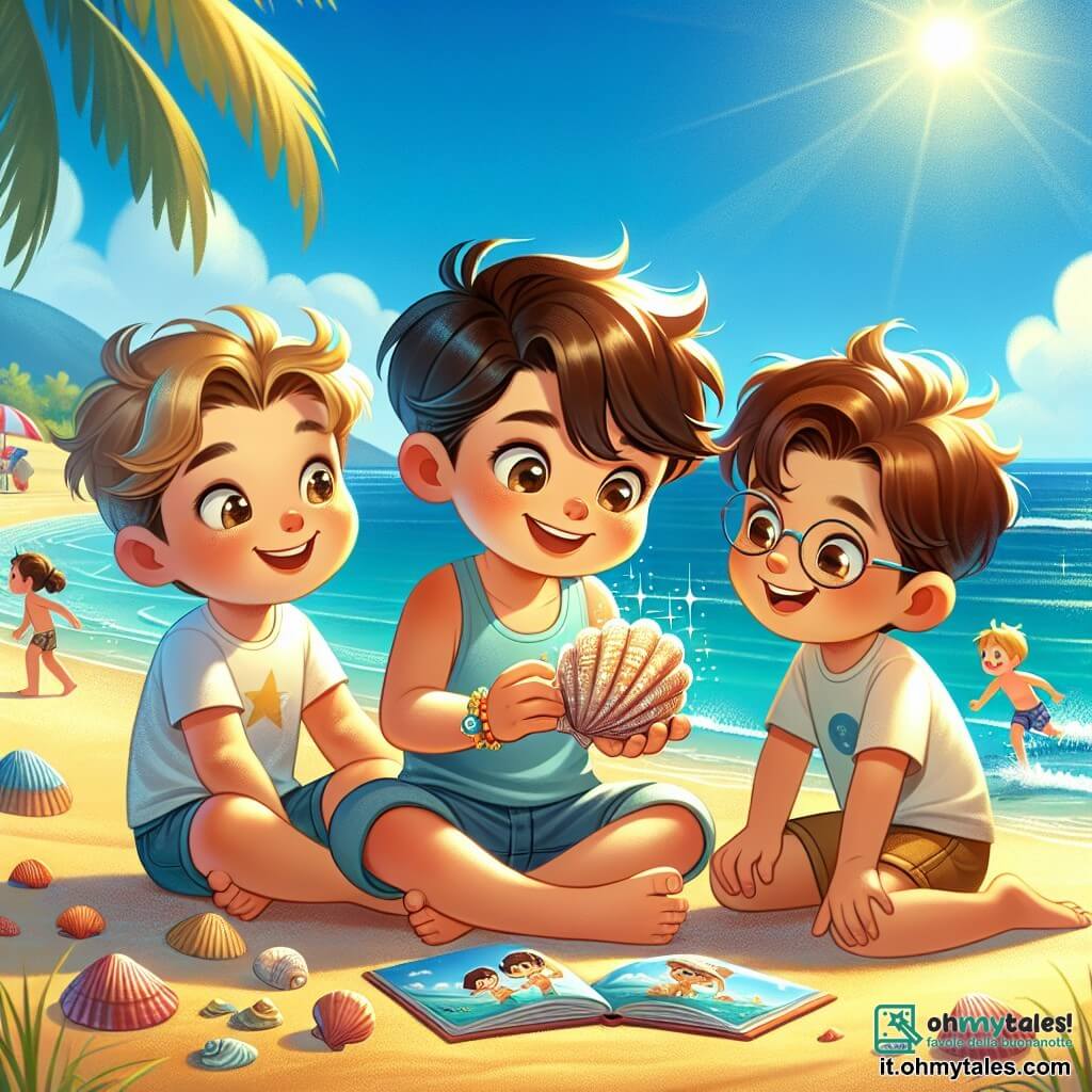 In una scena soleggiata su una spiaggia dorata, tre ragazzi sono riuniti. Carlo, un ragazzo di 11 anni con capelli castani e occhi brillanti, tiene in mano una conchiglia iridescente, il viso illuminato dall'eccitazione. Alla sua sinistra, Luca, un ragazzo di 10 anni con capelli ricci e un sorriso radioso, si piega per ammirare la conchiglia, con le braccia tese in avanti. A destra, Marco, un ragazzo timido di 11 anni con capelli castani e occhiali, sfoglia un libro sulle creature marine, seduto sulla sabbia fine con le gambe incrociate. Sullo sfondo, si vede un gruppo di vacanzieri che gioca in acqua e ombrelloni colorati che aggiungono un tocco di allegria. I tre amici hanno appena scoperto una conchiglia magica che, secondo la leggenda, può esaudire desideri. Si radunano intorno alla conchiglia, pronti a fare un desiderio insieme, i loro volti raggianti di attesa e gioia.