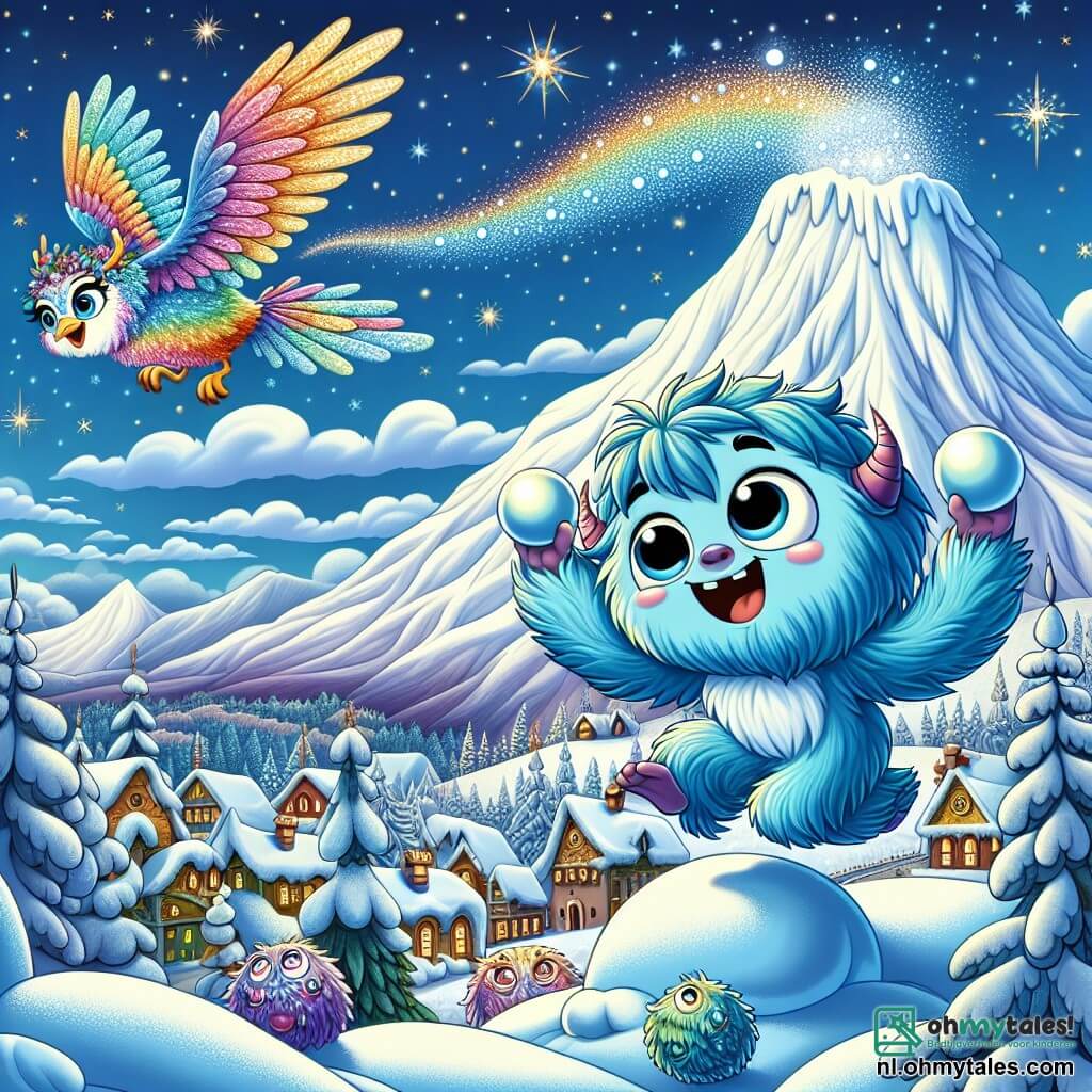 Op de top van de Glanzende Berg springt een klein monster genaamd Bibi, een jongen met een blauwe vacht zo zacht als een wolk, blij met een grote glimlach op zijn gezicht. Zijn ronde, vriendelijke ogen stralen van opwinding terwijl hij sneeuwballen voorbereidt om de berg te beschermen. Naast hem staat Aurora, een majestueuze magische vogel met glinsterende veren in alle kleuren van de regenboog, die Bibi met welwillendheid aankijkt, klaar om hem te helpen. De omgeving is betoverend: de Glanzende Berg is bedekt met een dikke laag glinsterende sneeuw, en de lucht is diepblauw, bezaaid met fonkelende sterren. De top van de berg schittert als een diamant onder de zon, wat een magische sfeer creëert. Bibi gooit sneeuwballen naar een dreigende storm die nadert, terwijl Aurora majestueus de lucht in stijgt, klaar om haar vriend te begeleiden. Samen staan ze tegenover de storm, verenigd in hun missie om het magische licht van de berg te beschermen.