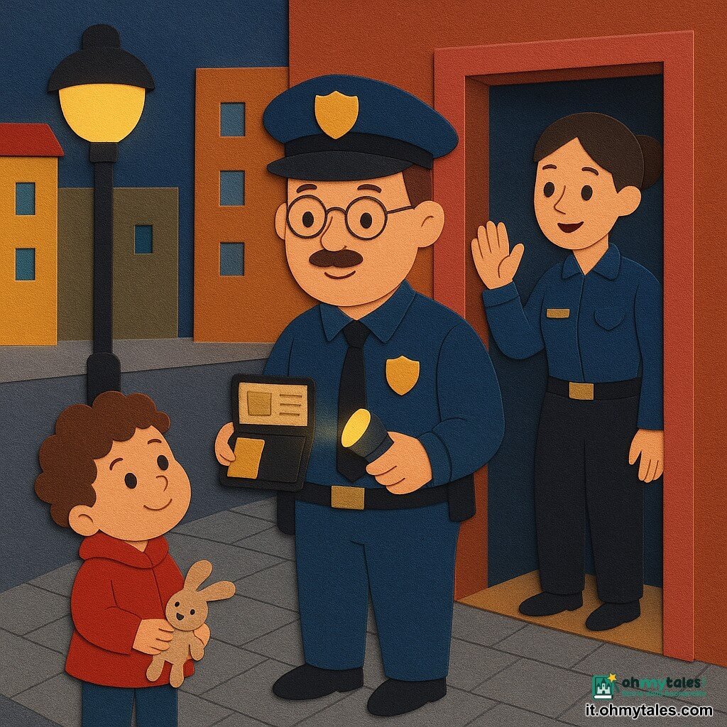 Un poliziotto sorridente e calmo, volto rotondo, occhiali sottili, leggero baffo, uniforme blu pulita con distintivo brillante, mostra il portafoglio aperto con il tesserino e una piccola torcia gialla accesa; a destra in fondo una collega di circa 30 anni con capelli raccolti in chignon e giacca più corta saluta dalla porta; a sinistra, sul marciapiede, un bimbo di 5 anni con capelli ricci e cappotto rosso tiene un peluche e lo osserva con ammirazione; strada cittadina al crepuscolo con lampioni che diffondono luce soffusa, selciato grigio e facciate colorate; atmosfera calma e rassicurante, colori caldi e forme semplici.