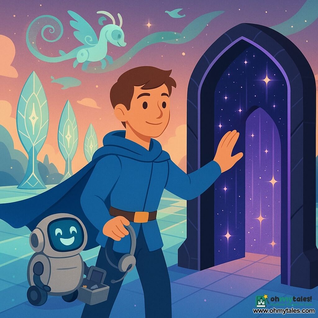 A young man, Captain Orion, calm smiling face, attentive gaze, short brown hair, blue cape flowing, holding a silver headset in one hand and reaching with the other toward a glowing arch; Orion is moved and serene with a soft confident expression, standing in the foreground near the arch; Luma, a small round backpack-like assistant robot with a screen-face showing a big smile and wheels, rolls beside Orion holding an open toolbox; Sif, a small translucent wind-spirit shaped like a dragonet in pale turquoise with curling wings, loops above Orion’s shoulder trailing stardust; background features large feather-like glass turbines with rune-etched blades aligned on crystal walkways reflecting the sky, some blades glowing brighter; the central "Star Door Frame" is a black crystal arch with a purple glow and a curtain of sparkling stars forming an open portal; the sky is space-fantasy with peach, violet and green gradients, floating islands and small sky whales; the scene shows Orion guiding a new breeze toward the turbines, inviting the colorful wind through the arch in a peaceful magical collaboration; bright contrasting palette of deep blues, soft purples, gold and turquoise, clean lines and simple shapes suited to flat design.