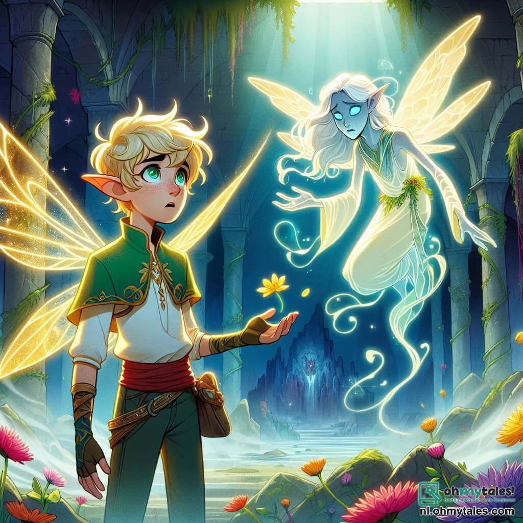 Fynn, een jonge elf met glanzende groene vleugels en een gouden lichaam, staat in het midden van een mysterieuze ruïne, zijn gezicht getekend door bezorgdheid en vastberadenheid. Hij kijkt om zich heen, klaar om zijn angsten onder ogen te zien, met kleurrijke bloemen die aan zijn voeten groeien. Eldrin, een oude transparante geest met delicate vleugels en een treurig gezicht, zweeft in de buurt, zijn ogen stralend van hoop en wijsheid, en moedigt hem aan met een gebaar. De ruïne is omhuld door een lichte mist, met oude stenen bedekt met mos en dansende schaduwen op de muren, wat een zowel magische als onheilspellende sfeer creëert. Fynn bereidt zich voor om de vloek van de ruïne te doorbreken, zijn magische energie concentrerend om het licht vrij te laten dat de duisternis zal verdrijven.