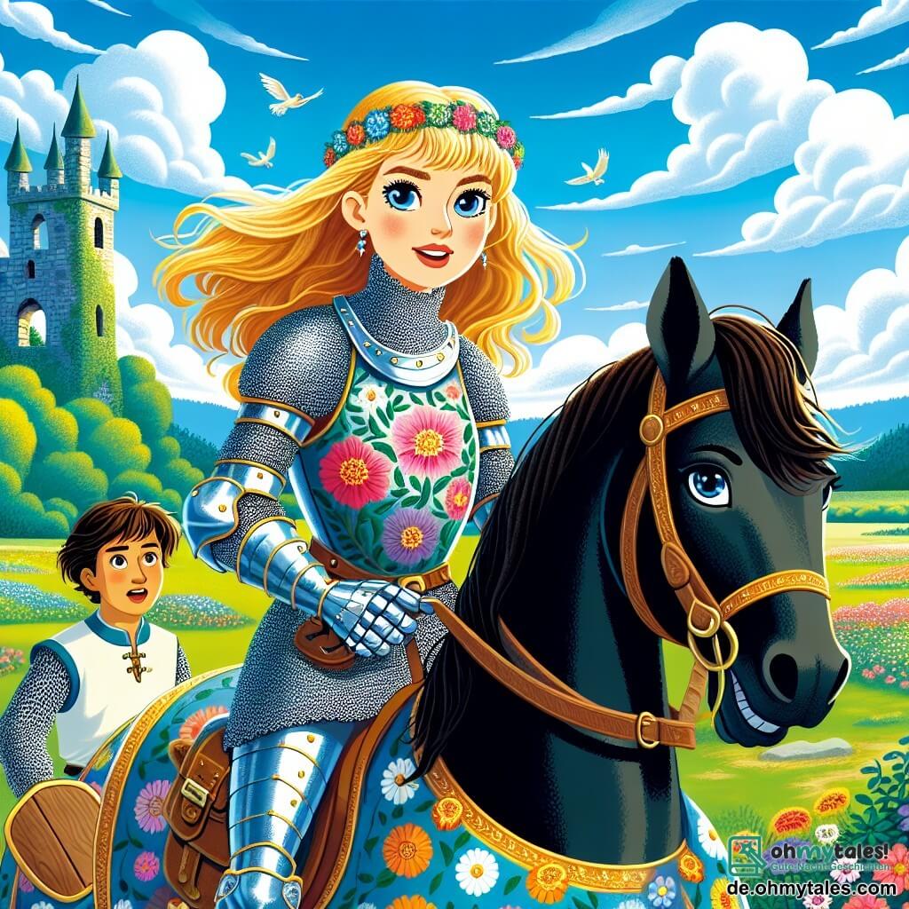 Eine mutige Ritterin, Helena, steht stolz auf ihrem schwarzen Pferd, Sturmwind. Sie trägt eine glänzende Rüstung mit floralen Mustern und ihr Gesicht zeigt einen kühnen Entschluss, mit Augen, die vor Tapferkeit strahlen. Ihre langen blonden Haare wehen im Wind und verleihen ihrem heroischen Aussehen Licht.

In der Nähe beobachtet ein 12-jähriger Knappe, Thomas, Helena bewundernd. Er trägt eine einfache Tunika und hält ein kleines Holzschild, bereit, ihr zu helfen. Sein Gesicht ist von Aufregung und Angst geprägt, seine großen Augen auf die Ritterin gerichtet.

Die Szenerie ist ein grünes Feld, übersät mit bunten Blumen, unter einem strahlend blauen Himmel mit einigen weißen, bauschigen Wolken. Am Horizont sind die Ruinen einer alten Burg zu sehen, die der Szene ein Hauch von Geheimnis verleiht.

Helena bereitet sich darauf vor, ihren Weg aus drei Pfaden zu wählen: einer führt in einen dunklen Wald, der andere zu einem alten Turm und der letzte quer über das Feld. Die Atmosphäre ist voller Erwartung, während sie eine entscheidende Entscheidung für ihr Abenteuer treffen muss.