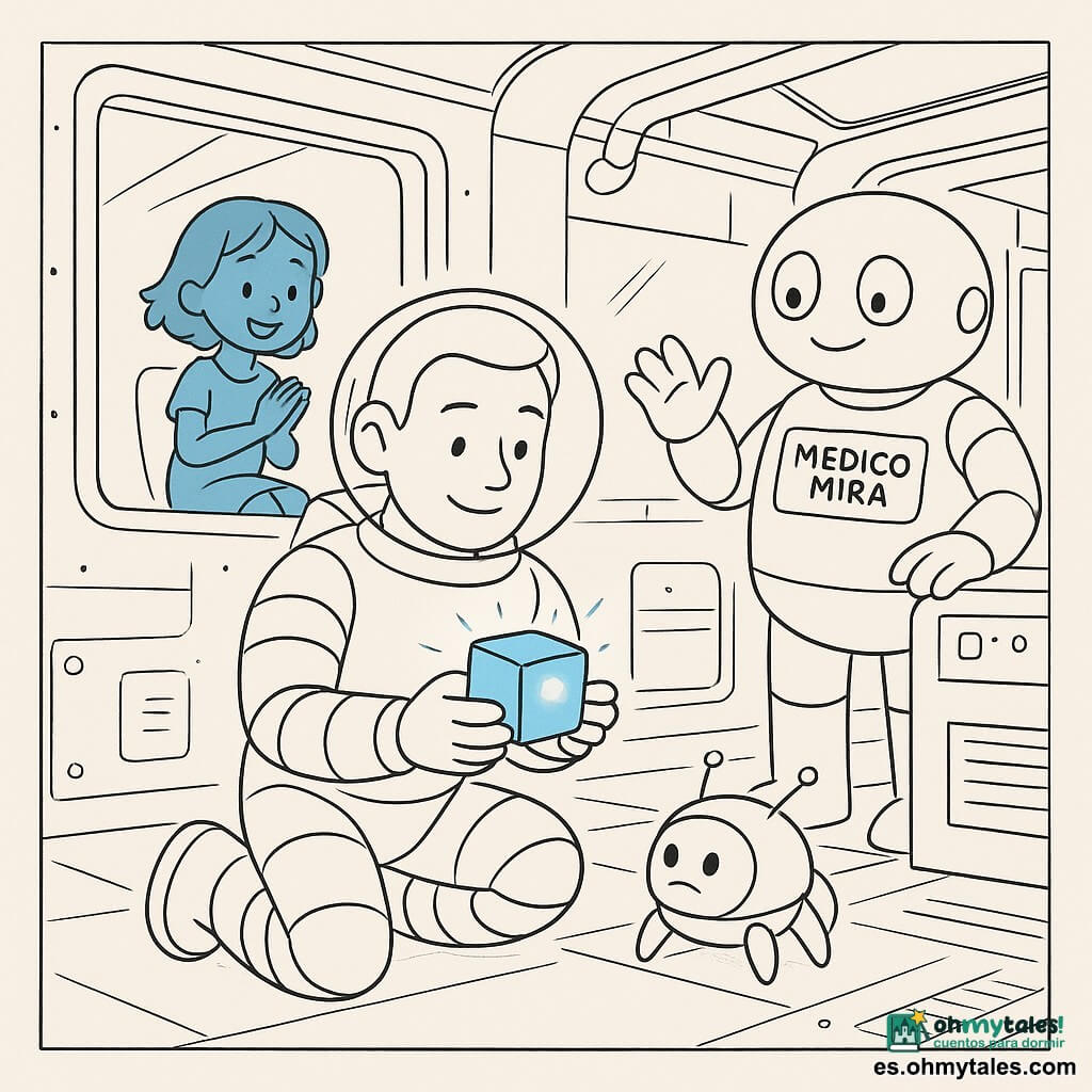 Un hombre astronauta, Leo, aparece tranquilo y concentrado, sonriendo ligeramente; casco redondo, traje espacial acolchado con bandas, rodillas algo flexionadas, sostiene un pequeño cubo luminoso con ambas manos frente al pecho. Al fondo, a la izquierda, a través de una puerta acristalada, una niña extraterrestre de unos 6 años de piel azul y cabellos flotantes aplaude suavemente desde una silla flotante. A la derecha, el robot médico Mira, grande y redondeado, está junto a una consola con gesto acogedor; su placa dice MÉDICO MIRA. Nube, una pequeña esfera asistente, flota cerca del hombro de Leo mostrando una pantalla con dos ojos. El lugar es un pasillo estrecho del Módulo de Servicio con tuberías y paneles, suelo antideslizante y luz indirecta; Leo ha encontrado el cubo de datos y calma un pequeño dron de mantenimiento en forma de abeja cuya luz roja se vuelve azul, escena de rescate tranquila.