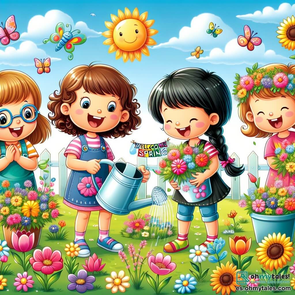 Cuatro niñas de ocho años, Lucía, Valentina, Sofía y Clara, están reunidas en un parque soleado. Lucía, con cabello castaño y gafas, sostiene un pequeño regador y riega flores coloridas. Valentina, con cabello rubio y rizado, se inclina hacia adelante, oliendo una flor rosa. Sofía, con cabello negro y trenzas, baila alegremente sosteniendo una guirnalda de flores. Clara, con cabello castaño recogido en una coleta, sonríe ampliamente sosteniendo un cartel que dice "Bienvenido Primavera". El parque está lleno de flores brillantes: tulipanes, margaritas y girasoles, mientras mariposas de colores vuelan a su alrededor. El cielo es de un azul brillante, salpicado de algunas nubes blancas y esponjosas. Las niñas están preparando su festival de primavera, rodeadas de decoraciones coloridas y risas, celebrando la belleza de la naturaleza y la llegada de la temporada.