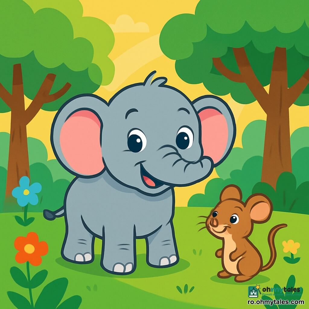 Un elefant blând și vesel, Eli, cu pielea gri și urechile mari roz, stă în centrul scenei, privindu-se în jur cu ochii strălucitori și curioși. Are un zâmbet larg pe față, arătându-și dorința de a-și ajuta prietenii. Aproape de el, o mică șoarece cu blana maro, cu ochii sclipitori și o coadă zvâcnind, îl observă pe Eli cu admirație, pregătită să-l însoțească în căutarea sa. În fundal, o pădure fermecată se întinde, cu copaci înalți cu frunze verzi strălucitoare și flori colorate care dansează în vânt. Razele soarelui filtrează printre ramuri, creând umbre blânde pe sol. Eli, hotărât, începe căutarea pentru a reda zâmbetul prietenilor săi, pregătit să aducă bucurie în această pădure tristă.