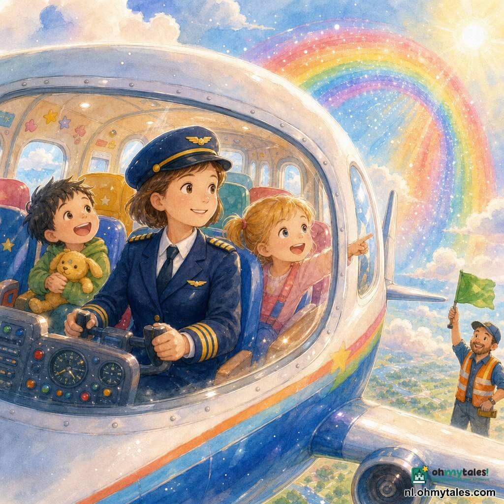 Vrouwelijke piloot, glimlachend en zelfverzekerd, kijkt uit het ronde raampje, kort bruin haar onder een blauwe pet, marineblauw uniform met gouden strepen, handen aan het stuur; rechts van haar een 6‑jarig meisje met blonde staarten, verwonderde blik, wijst naar buiten; links in het gangpad een 5‑jarige jongen met zwart warrig haar, lachend en met een geel knuffeltje; op de grond een man van ~35 in oranje hesje en pet zwaait met een groen seinvlaggetje bij de rechtervleugel; lichte, speelse cockpit en voorcabine met gekleurde stoelen en aquarelachtige texturen, zachte reflecties en witte gelpenaccenten; het vliegtuig stijgt zacht boven een heldere lucht met een brede, felgekleurde regenboog op de horizon, warme zon en pluizige wolken, vrolijke magische sfeer.