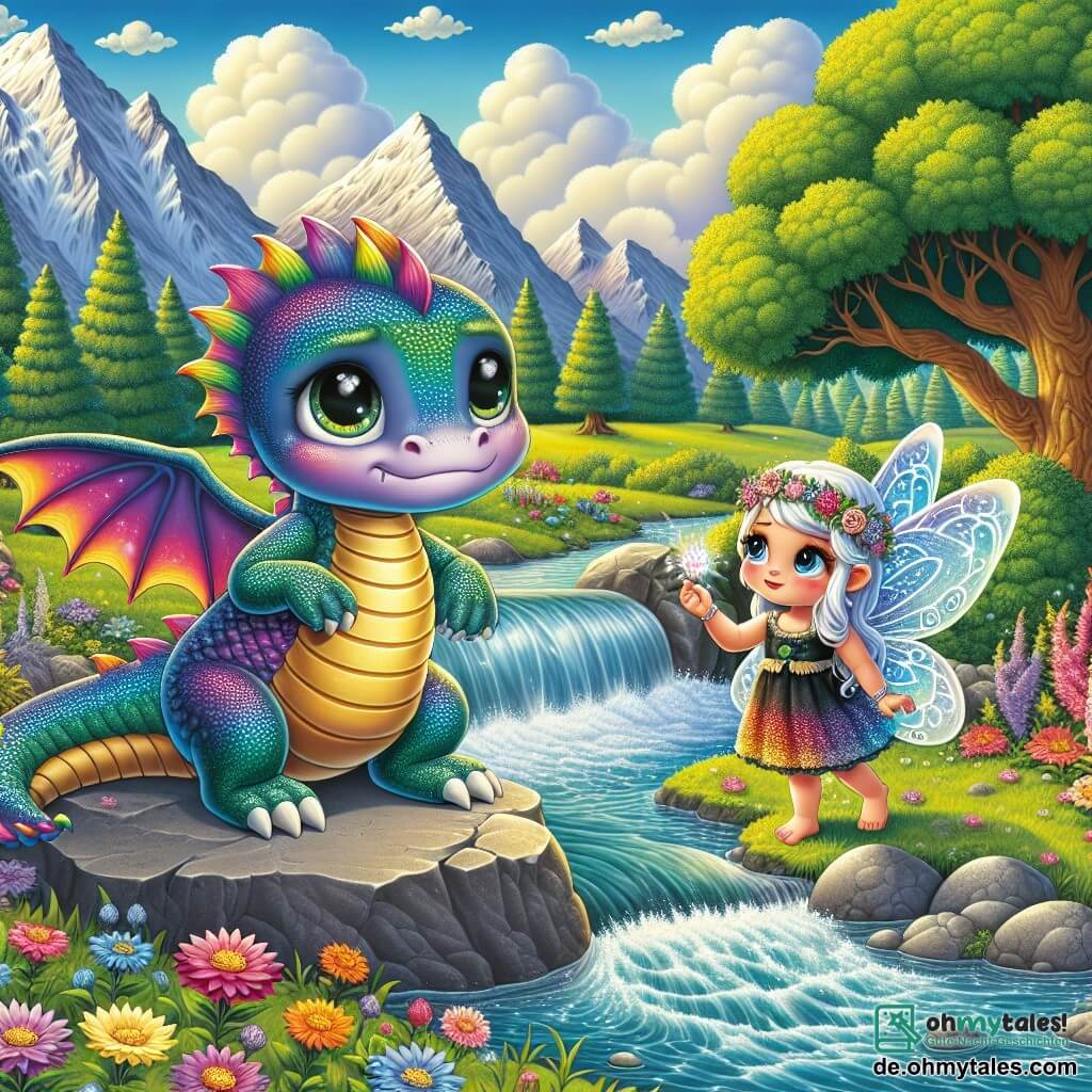 Ein kleiner Drache namens Felix mit schimmernden Schuppen in Regenbogenfarben steht auf einem großen Stein am Ufer eines Baches. Er hat einen traurigen Ausdruck im Gesicht, seine leuchtenden Augen verraten eine sanfte Melancholie, während er auf das fließende Wasser schaut. Neben ihm steht seine beste Freundin, eine kleine Fee namens Mia, mit glitzernden Flügeln und einem Kleid aus Blütenblättern, die ihn mit Mitgefühl ansieht. Sie hat ein ermutigendes Lächeln und streckt eine Hand nach ihm aus, um ihn aufzumuntern. Im Hintergrund ist die Landschaft bezaubernd: grüne Berge erheben sich unter einem klaren blauen Himmel, der mit bauschigen Wolken gesprenkelt ist. Bunte Blumen säumen den Bach, und majestätische Bäume stehen auf beiden Seiten, was eine magische und friedliche Atmosphäre schafft. Die Hauptsituation zeigt Felix, den Drachen, der traurig und verwirrt über die Veränderungen in seiner Familie ist, während Mia, die Fee, versucht, ihn zu trösten und ihm zu zeigen, dass er in dieser Prüfung nicht allein ist.