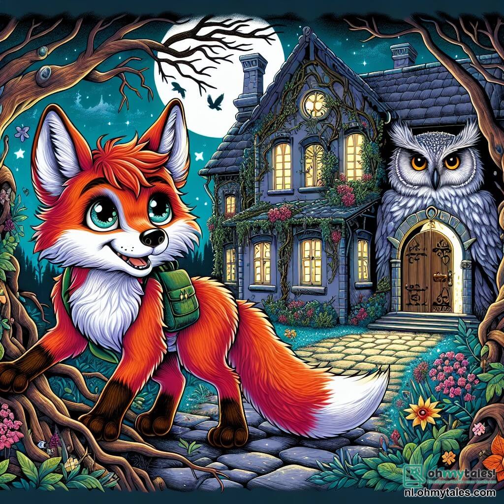 Een jonge vos met vurig vacht en nieuwsgierige, vastberaden ogen staat voor een mysterieuze oude villa, zijn hart klopt van opwinding en angst. Hij kijkt naar de krakende deur, klaar om binnen te gaan, zijn poten trillen lichtjes. Op de achtergrond observeert een grote uil met zachte, zilveren veren Fenix vanuit een tak, met een wijze en aanmoedigende blik, zijn ogen stralend van intelligentie en mysterie. De villa, omringd door dichte, wilde vegetatie, is bedekt met klimop en verwelkte bloemen, de donkere ramen lijken de vos te observeren terwijl een zilveren maan de scène verlicht met een spookachtige gloed. Fenix bereidt zich voor om de drempel van het spookhuis over te stappen, waar schaduwen dansen en vergeten geheimen fluisteren, wat een zowel angstaanjagende als fascinerende sfeer creëert.