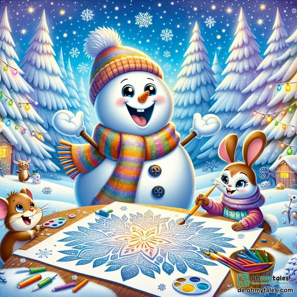Ein fröhlicher kleiner Schneemann namens Frosty, mit großen Karottenaugen, einem breiten Steingesicht und einem hübschen bunten Schal, steht in der Mitte der Szene mit offenen Armen und strahlt vor Glück, während er sein winterliches Kunstwerk bewundert. Rechts von ihm malt eine kleine Maus namens Mia, mit braunem Fell und funkelnden Augen, begeistert Schneeflocken auf ein großes Stück Papier, ihr Gesicht leuchtet vor Aufregung. Links springt ein kleiner Hase namens Hopsi, mit großen Ohren und weißem Fell, fröhlich herum und hält einen Strauß schneebedeckter Zweige, sein Gesichtsausdruck ist voller Freude und Energie. Die Szene spielt in einem verzauberten Wald, wo majestätische Bäume mit einer dicken Schicht glitzernden Schnees bedeckt sind und der Himmel strahlend blau ist, durchsetzt mit sanft fallenden Schneeflocken. Frosty und seine Freunde schaffen eine wunderschöne Kunstausstellung zum Thema Winter, umgeben von ihren bunten Werken und feiern die Schönheit und Magie dieser Jahreszeit.