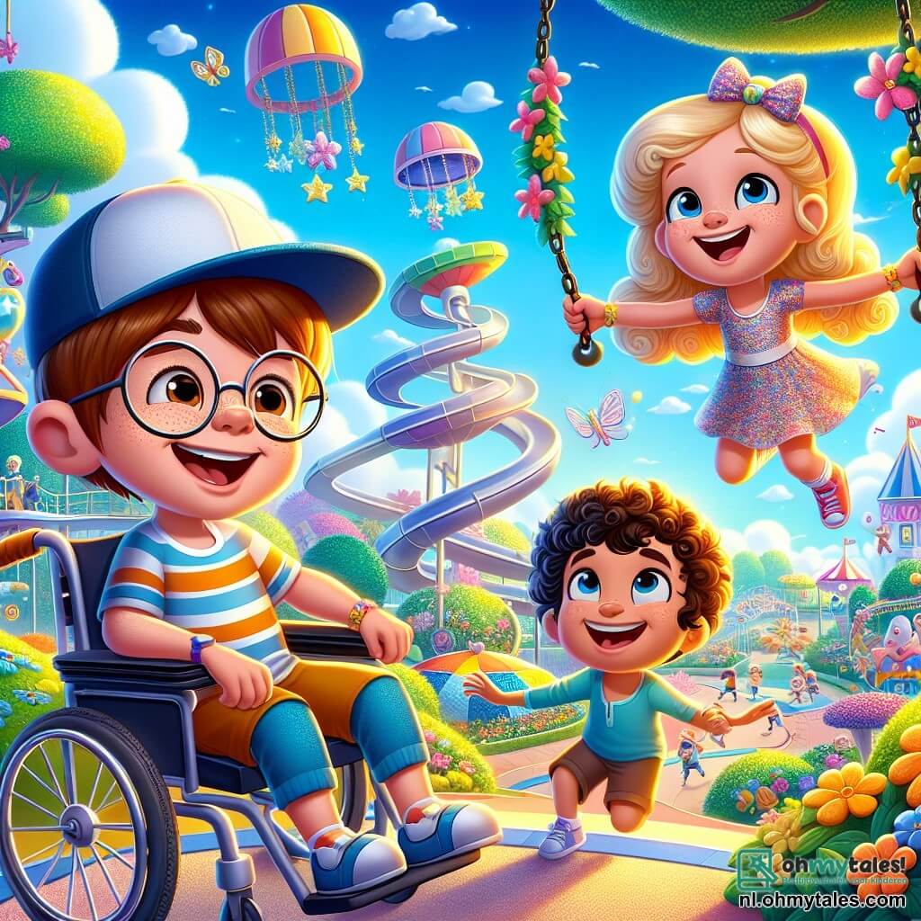 In een futuristisch park in de stad Glimluchter zijn drie vrienden bijeen. Sam, een 10-jarig jongen met bruin haar en ronde bril, zit in zijn rolstoel en glimlacht enthousiast. Rechts van hem is Lotte, een 9-jarig meisje met blond, krullend haar, in een kleurrijke jurk, die zich voorbereidt om van een drijvende glijbaan te glijden. Links springt Max, een 10-jarige jongen met zwart haar en een pet, vrolijk bij een schommel die de wolken lijkt te raken. Het park is gevuld met felle kleuren en magische structuren: bomen met glinsterende bladeren, spelletjes die in de lucht zweven, en bloemen die dansen op de maat van een zachte melodie. De lucht is helderblauw met snoepvormige wolken. De vrienden staan op het punt samen van de magische glijbaan te glijden, lachend en elkaar aanmoedigend, klaar voor een onvergetelijk avontuur in hun futuristische stad.