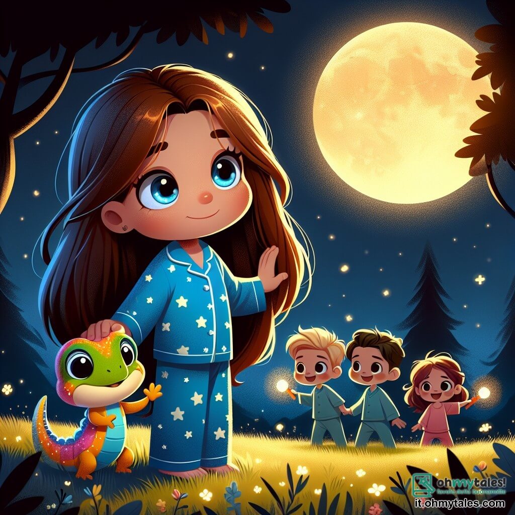 Una bambina di 5 anni, di nome Sofia, si trova al centro dell'immagine, con lunghi capelli castani e occhi brillanti di curiosità. Indossa un pigiama blu con stelle bianche e ha un leggero sorriso sul viso, che mostra come stia superando la sua paura del buio. Sofia guarda con meraviglia una grande luna dorata che brilla nel cielo notturno, circondata da piccole stelle scintillanti. Accanto a lei, una lucertola colorata di circa 10 cm si trova su una pietra, con un'espressione amichevole e incoraggiante, sembrando danzare gioiosamente per rassicurare Sofia. Sullo sfondo, un piccolo gruppo di amici di Sofia, due ragazzi e una ragazza, tutti di circa 5 anni, tengono torce accese e sorridono, creando un'atmosfera di cameratismo e avventura. La scena si svolge in un parco tranquillo, con alberi dalle silhouette scure e fiori che si delineano alla luce della luna. Il terreno è coperto di erba verde e morbida, e le lucciole illuminano l'aria, aggiungendo un tocco magico alla notte. La situazione principale mostra Sofia, circondata dai suoi amici, mentre esplorano il parco sotto la luce della luna, scoprendo che il buio può essere un luogo pieno di meraviglie e amicizie, mentre ridono e si divertono insieme.