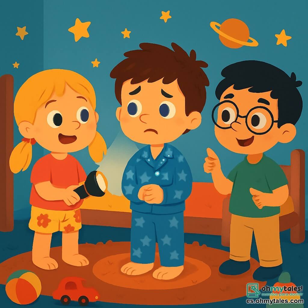 Hay 3 personajes: - Lucas: un niño de 6 años, con el cabello castaño despeinado y ojos azules. Lleva un pijama azul con estrellas blancas y está en el centro, un poco preocupado, mirando a su alrededor. - Ana: una niña de 5 años, con el cabello largo y rubio, recogido en dos coletas. Lleva una camiseta rosa y un short de flores. Está a la izquierda de Lucas, sonriendo, sosteniendo una pequeña linterna que ilumina suavemente la habitación. - Diego: un niño de 6 años, con el cabello negro y gafas redondas. Lleva una camiseta verde y pantalones beiges. Está a la derecha de Lucas, mirando con confianza, listo para contar una historia y tranquilizar a su amigo. El lugar es una habitación infantil acogedora, con paredes pintadas de azul claro y pegatinas de estrellas y planetas. Una cama de madera con sábanas coloridas está al fondo, y una alfombra suave está en el suelo. La luz suave de la linterna crea sombras divertidas en las paredes. La situación principal muestra a Lucas, un poco asustado por la oscuridad, mientras Ana ilumina la habitación con su linterna y Diego se prepara para contar una historia. Los tres amigos están reunidos, rodeados de juguetes coloridos, creando una atmósfera de camaradería y consuelo.