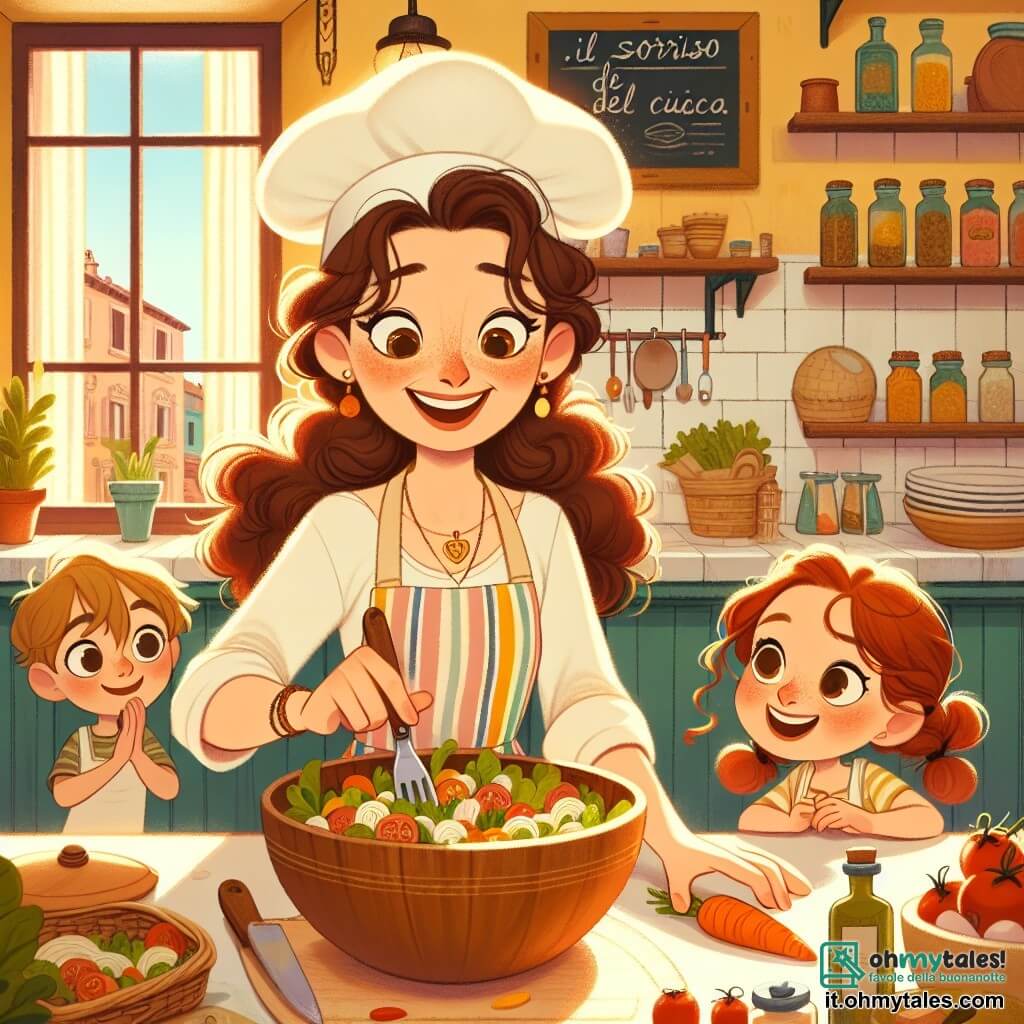 La chef Sofia, una donna di quarant'anni con capelli ricci castani e un sorriso caloroso, si trova al centro della sua cucina vivace, circondata da colori brillanti e ingredienti freschi. Indossa un cappello bianco e un grembiule colorato, mentre mescola allegramente un'ampia insalata in una ciotola di legno, con gli occhi scintillanti di passione e felicità. Accanto a lei, Luca, un ragazzo di 10 anni con occhiali e capelli castani, osserva attentamente, tenendo una carota in una mano e un piccolo coltello nell'altra, pronto ad aiutare. Più lontano, Martina, una ragazza di 9 anni con capelli rossi e trecce, sorride mentre aggiunge pomodorini al suo piatto, piena di entusiasmo. La scena si svolge nel bistro "Il Sorriso del Cuoco", un luogo accogliente con pareti dipinte di giallo pastello, scaffali pieni di barattoli di spezie colorate e finestre che lasciano entrare la luce del sole, creando un'atmosfera gioiosa e accogliente. La situazione principale mostra Sofia e i bambini che preparano insieme un'insalata, ognuno aggiungendo il proprio tocco personale, mentre risate e voci riempiono l'aria, simboleggiando l'amore per la cucina e il piacere di condividere un momento insieme.