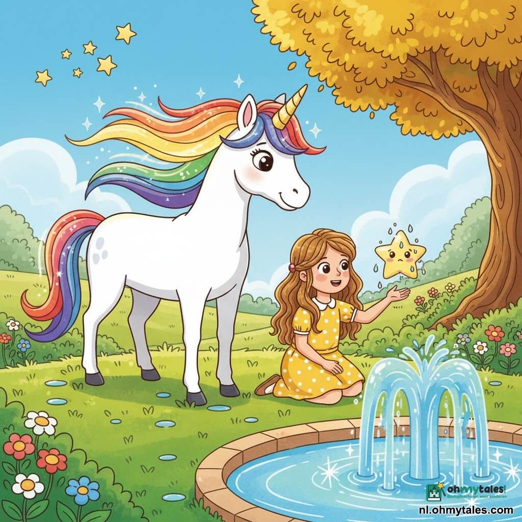 Een witte eenhoorn genaamd Luna met een glanzende regenboogmanen en een fonkelende gouden hoorn helpt een kleine ster op te stijgen; ze heeft een zachte, zelfverzekerde blik, hoefjes op het natte gras en een beschermende houding naar het meisje en de ster. Het meisje Lila, ongeveer 6 jaar, met golvend lichtbruin haar en een gele jurk met witte stippen, knielt bij een fontein en reikt vriendelijk naar de ster. De kleine gevallen ster is bleekgeel met roze wangetjes, nat van druppels en van angst naar moedig veranderd, en zweeft net boven Lila’s hand. De scène speelt in een betoverde vallei onder altijd blauwe lucht, met bloemrijke weiden, zacht groen gras en een grote boom met gouden bladeren op de achtergrond; centraal een kristallen fontein die licht weerkaatst in diamanten vonkjes. Warm goudkleurig licht, magische veilige sfeer, levendige contrastrijke kleuren, zachte schaduwen, strak vectorstijl simpel en kindvriendelijk. Compositie: eenhoorn links, meisje in het midden bij de fontein, ster stijgend rechtsboven, hemel bezaaid met verzamelde kleine sterren.