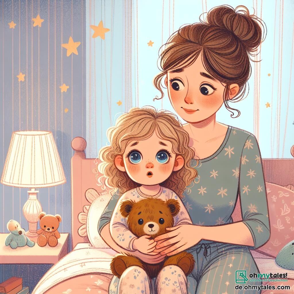 Ein kleines Mädchen von 2 Jahren mit großen blauen Augen und lockigem blonden Haar sitzt auf ihrem Bett. Sie hat ein besorgtes, aber neugieriges Gesicht und hält fest ihren Teddybär. Das Zimmer ist sanft und warm, mit pastellfarbenen Wänden und goldenen Sternen, die an der Decke funkeln. Ihre Mama, eine etwa 30-jährige Frau mit braunen, zu einem Dutt gebundenen Haaren und einem beruhigenden Lächeln, sitzt neben ihr auf dem Bett. Sie hält eine kleine Lampe, die ein sanftes, warmes Licht ausstrahlt und das Gesicht ihrer Tochter erhellt. Der Raum ist mit bunten Spielzeugen, die auf dem Boden verstreut sind, einem weichen Teppich und leichten Vorhängen dekoriert, die etwas Mondlicht hereinlassen. Die Hauptsituation zeigt das kleine Mädchen, das ein wenig Angst vor der Dunkelheit hat, aber durch die Anwesenheit ihrer Mama und das Licht der Lampe Trost findet. Sie teilen einen zärtlichen Moment, in dem die Mama eine Geschichte erzählt, um die Angst ihrer Tochter zu lindern.