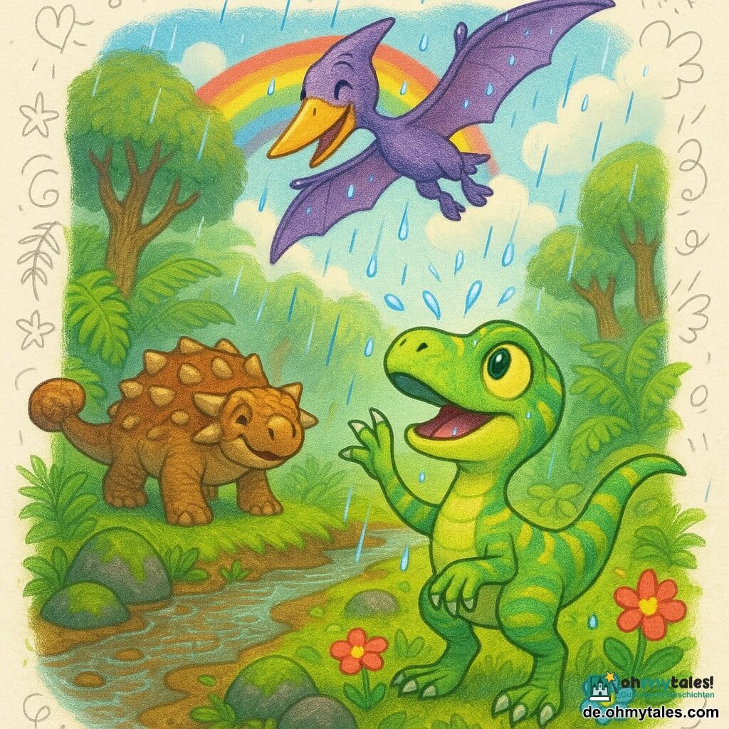Ein kleiner lebhafter Velociraptor namens Riko mit hellgrün schuppigem Fell und zitronengelben Streifen, staunendem Blick und fröhlichem Lächeln, hebt eine Kralle zum Himmel, während große Regentropfen auf seinen Kopf prasseln; links und im Hintergrund nahe den Farnen steht Timo, ein stämmiger Ankylosaurus mit braunen Platten und buckeligem Rücken, stolz und wohlwollend, er klopft sanft mit seiner Keule auf den Boden; darüber kreist Lila, ein junger Pteranodon mit breiten Flügeln und violetten Federn, lachenden Augen und funkelnden Wassertropfen auf den Flügeln; Schauplatz: eine feuchte Lichtung mit riesigen Farnen, knotigen Bäumen, einem schlammigen Bach im Vordergrund, moosbedeckten Steinen und regenbenetzten bunten Blumen; Situation: nach der Dürre beginnt der Regen, die drei Freunde tanzen und blicken zum Himmel, wo ein helles Regenbogenband zwischen weichen Wolken erscheint, fröhliche Stimmung, satte Farben und taktile Texturen.