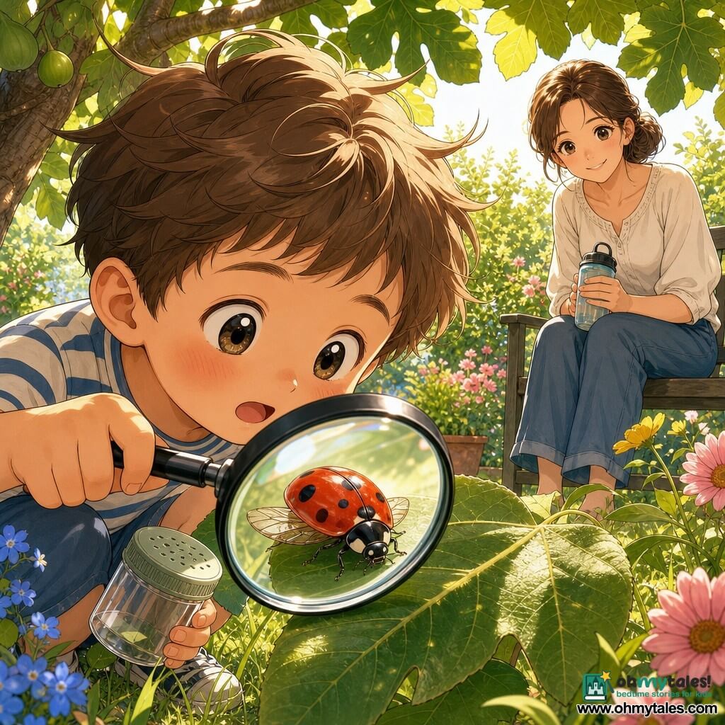A 4-year-old boy with a round face, rosy cheeks, tousled brown hair and wide curious eyes kneeling by a leaf, holding a magnifying glass in one hand and a small perforated jar in the other, watching a red ladybug with black spots; his mother, about 32, chestnut hair in a low bun and a tender smile, sits on a bench in the background right holding a water bottle and looking at him with pride; the ladybug is on a shiny green leaf with tiny legs and slightly open wings, sharply in focus near the magnifying glass; the garden has textured green grass, colorful flowers (blue, yellow, pink) and a fig tree with large leaves casting shade, warm summer morning light with sun rays through the leaves; close, peaceful attentive scene with a soft luminous palette, expressive manga-style lines, focus on the magnifying glass enlarging the ladybug, calm curious atmosphere.