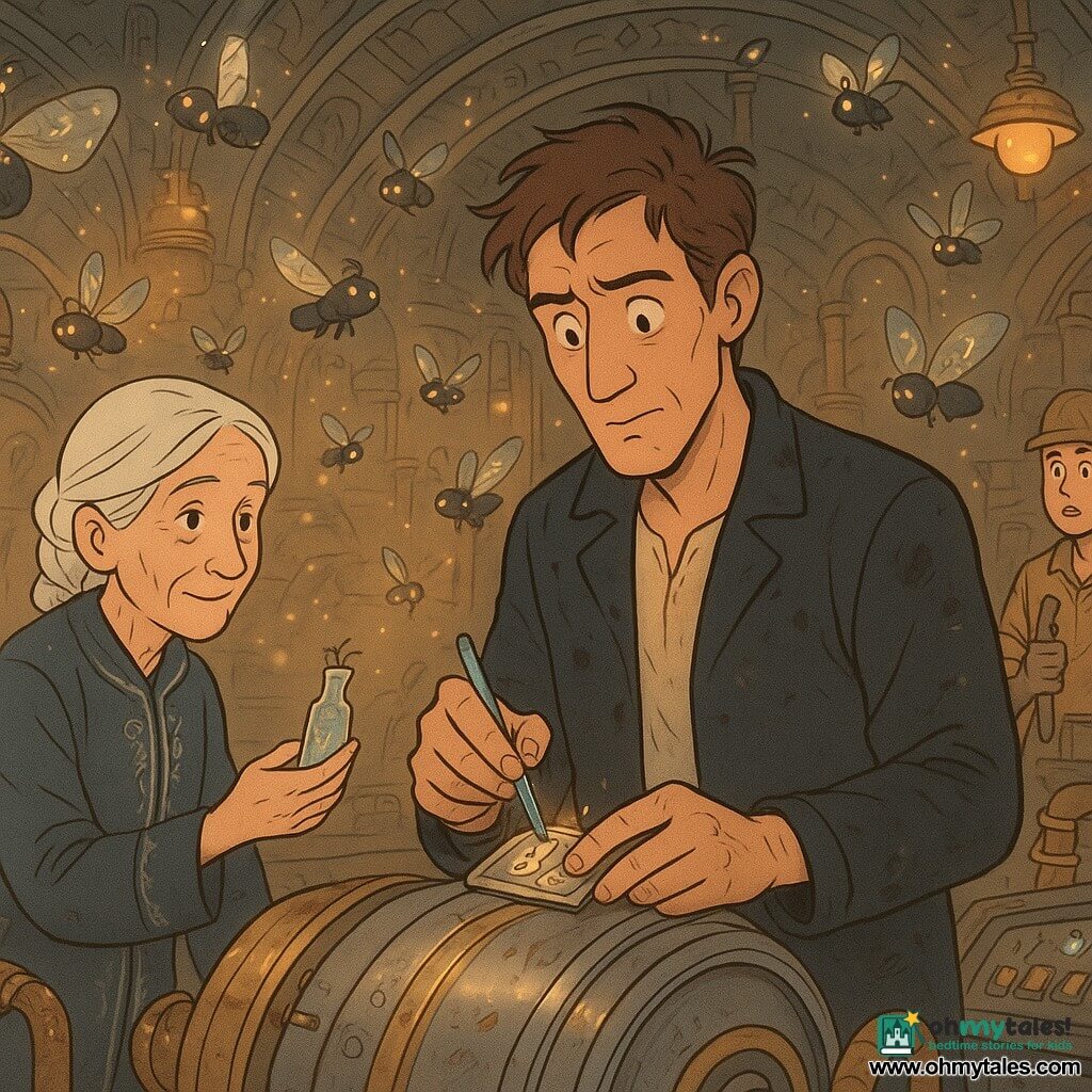 An adult man, Arlo, concentrates in wonder with furrowed brow and a faint worried smile, tousled hair and slim tall build, wearing a grease-stained dark jacket, holding a small shining stylus and a tiny engraved plate against a polished metal engine casing; an elderly woman, Mira (~70), in a silver-embroidered coat with white braided hair and a calm kindly gaze, extends a tiny vial of shimmering liquid from the left while standing on a metal walkway; a young technician (~25) in a helmet watches in surprise from the right background near a flashing console; hundreds of small luminous creatures called sparkmoths—velvety dark bodies with translucent wings showing spiral glowing numbers (3,5,8,13)—flutter around; the setting is a vast gear-filled chamber with engraved metal vaulting, two huge opposing engines, rotating floating crystal panels, copper pipes, hanging golden lamps and drifting golden steam; Arlo delicately repairs a scratched digit on a synchronization plate with living ink as the sparkmoths light the area and the engines regain harmony, in a warm, metallic, magitech atmosphere.