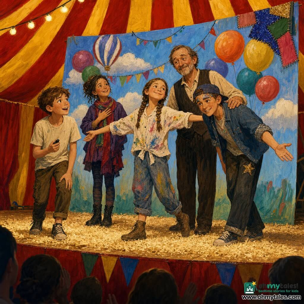 Five characters: Milo, an 11-year-old boy with short brown hair and a simple T‑shirt holding a clicker, standing front left with a look of wonder; Zara, an 11-year-old girl with neat braids and a paint‑stained smock, center on tiptoe proudly showing the large painted backdrop; Ben, an 11‑year‑old tall, thin boy with a backwards cap and glittered eyebrows, right of Zara, slightly bowing; Lila, an 11-year‑old girl with a colorful scarf, standing behind Milo and Zara with a hand on her heart, moved and smiling; and Mr. Plop, a man in his fifties in a plain vest, slightly set back center‑right with a reassuring hand on Zara’s shoulder — inside a circus tent with sawdust floor, red‑and‑yellow striped drapes, blurred audience in the stands and warm lights, ropes, pulleys and a large sparkling painted set (blue sky, colorful balloons, garlands and a patched glittered corner) suspended behind them; they are taking a modest bow at the edge of the stage after the finale, expressions of pride, relief and joy, warm festive atmosphere with vivid colors and visible textures.