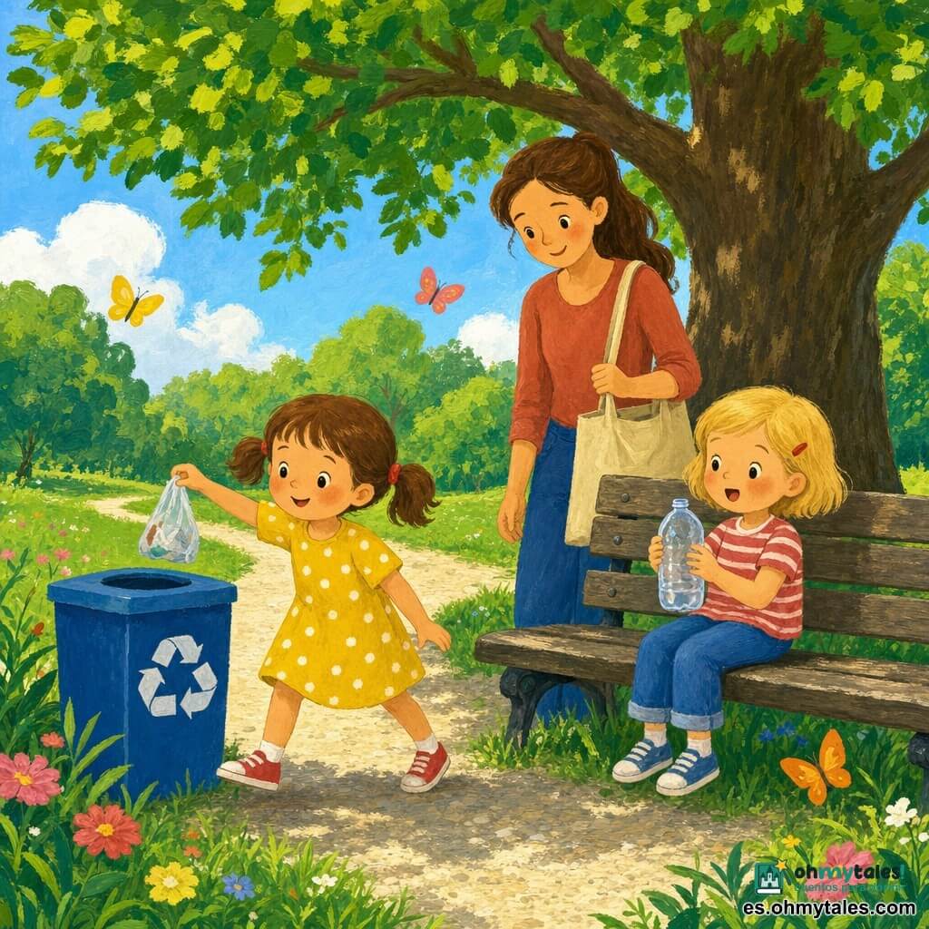 Dos niñas de 4 años recogen basura en un parque: una morena con coletas y vestido amarillo de lunares recoge una bolsita de plástico y la tiende hacia el contenedor de reciclaje azul mientras la otra, rubia de pelo corto, sentada al borde de un banco de madera envejecido, sostiene una botella vacía; detrás, una mujer de unos 30 años con el pelo largo recogido y una pequeña bolsa de lona observa con gesto amable y alentador; alrededor, un gran árbol frondoso con rayos de sol entre las ramas, césped con flores y mariposas y un sendero de grava.