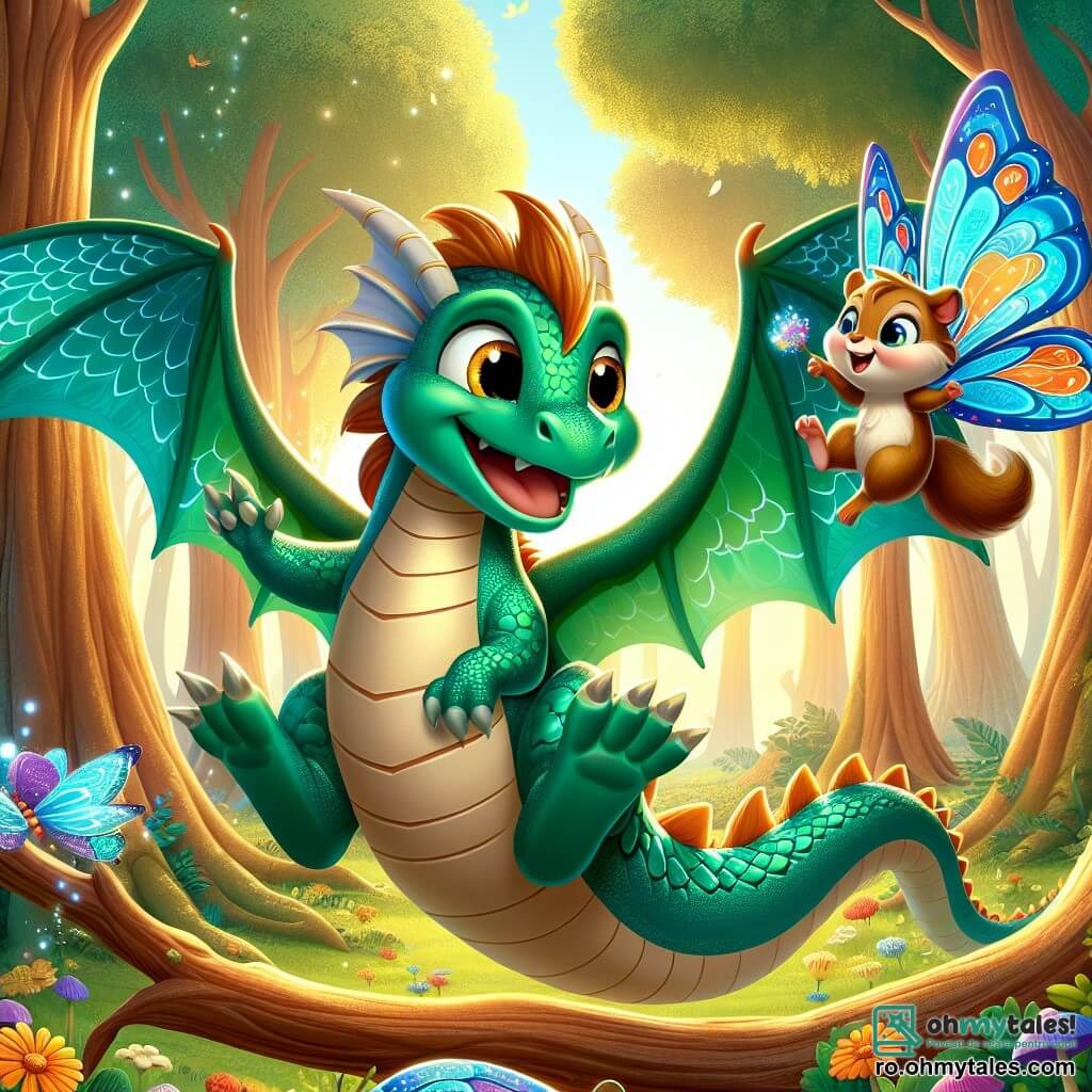 Un dragon măreț numit Doru, cu solzi verzi strălucitori ca smaraldul și ochi mari aurii plini de bucurie, se ridică în aer cu un zâmbet radiant. Aripile sale mari desfăcute strălucesc sub soare, în timp ce se învârte în jurul prietenilor săi. Lângă el, o veveriță mică numită Mira, cu blană moale de culoare brună și ochi vioi, sare de bucurie pe o ramură, aplaudându-l pe Doru cu entuziasm. Este plină de energie și poartă o floare magică în lăbuța ei. Un fluturaș colorat numit Felix, cu aripi decorate cu modele strălucitoare de albastru și portocaliu, zboară în jurul lui Doru, râzând și făcând piruete în aer, adăugând o notă de magie scenei. Scena se desfășoară într-o pădure fermecată, unde copaci mari cu trunchiuri groase și frunze luxuriante creează un dom natural. Flori colorate presară solul, iar un rază blândă de soare filtrează printre ramuri, iluminând locul cu o lumină aurie. Doru, dragonul, tocmai a spart blestemul său și zboară vesel pe cer, înconjurat de prietenii săi, sărbătorind prietenia lor și magia aventurii împreună.