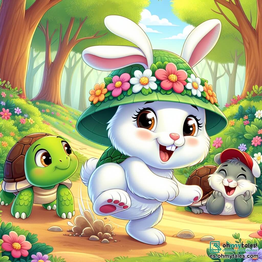 Un adorable conejito blanco con grandes orejas, una sonrisa traviesa y ojos brillantes de alegría, está tropezando en un camino de tierra, su gran sombrero colorido cayendo sobre sus ojos. Junto a él, una tortuga verde con una corona de flores en la cabeza, mostrando una expresión divertida, está de pie con las patas cruzadas, observando la escena con una sonrisa cómplice. Un pequeño ratón de pelaje gris, con una gorra roja, se ríe a carcajadas mientras intenta levantarse después de caer en un arbusto, sus ojos brillando de picardía. El escenario es un encantador bosque primaveral, lleno de flores brillantes de todos los colores, árboles majestuosos con troncos gruesos y rayos de sol filtrándose a través del follaje, creando una atmósfera alegre y luminosa. La situación principal muestra a los tres amigos en una carrera loca, donde el conejo tropieza, la tortuga se ríe y el ratón queda atrapado en un arbusto, ilustrando la diversión y la amistad que los une.